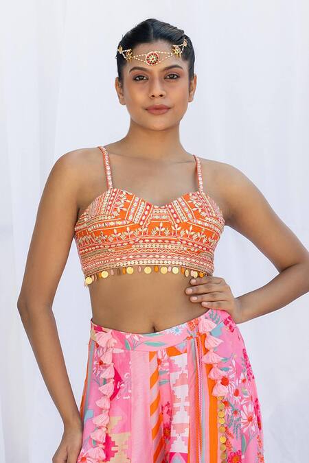 Pink patchwork palazzo with mirror work bustier