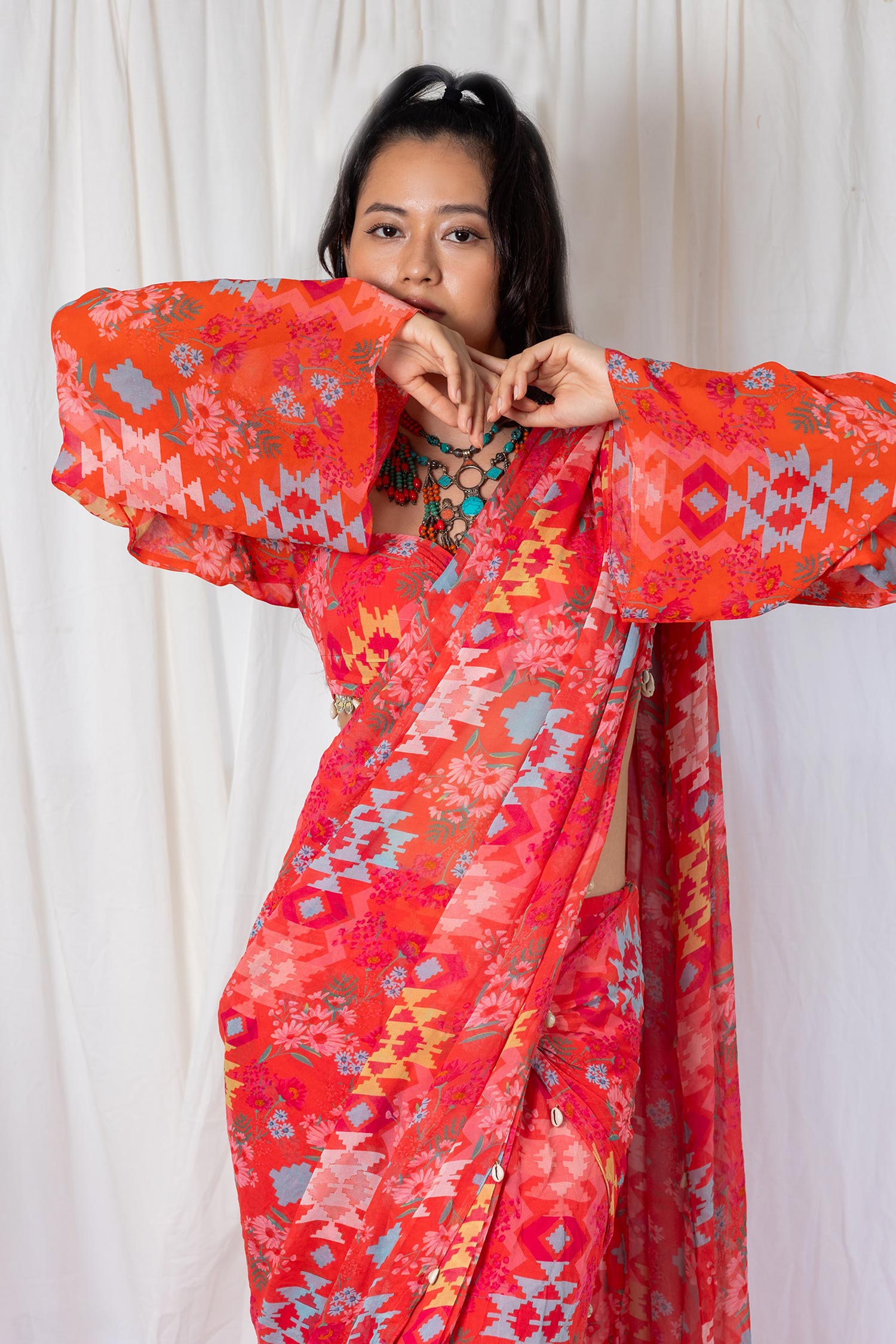 Coral kilim printed saree