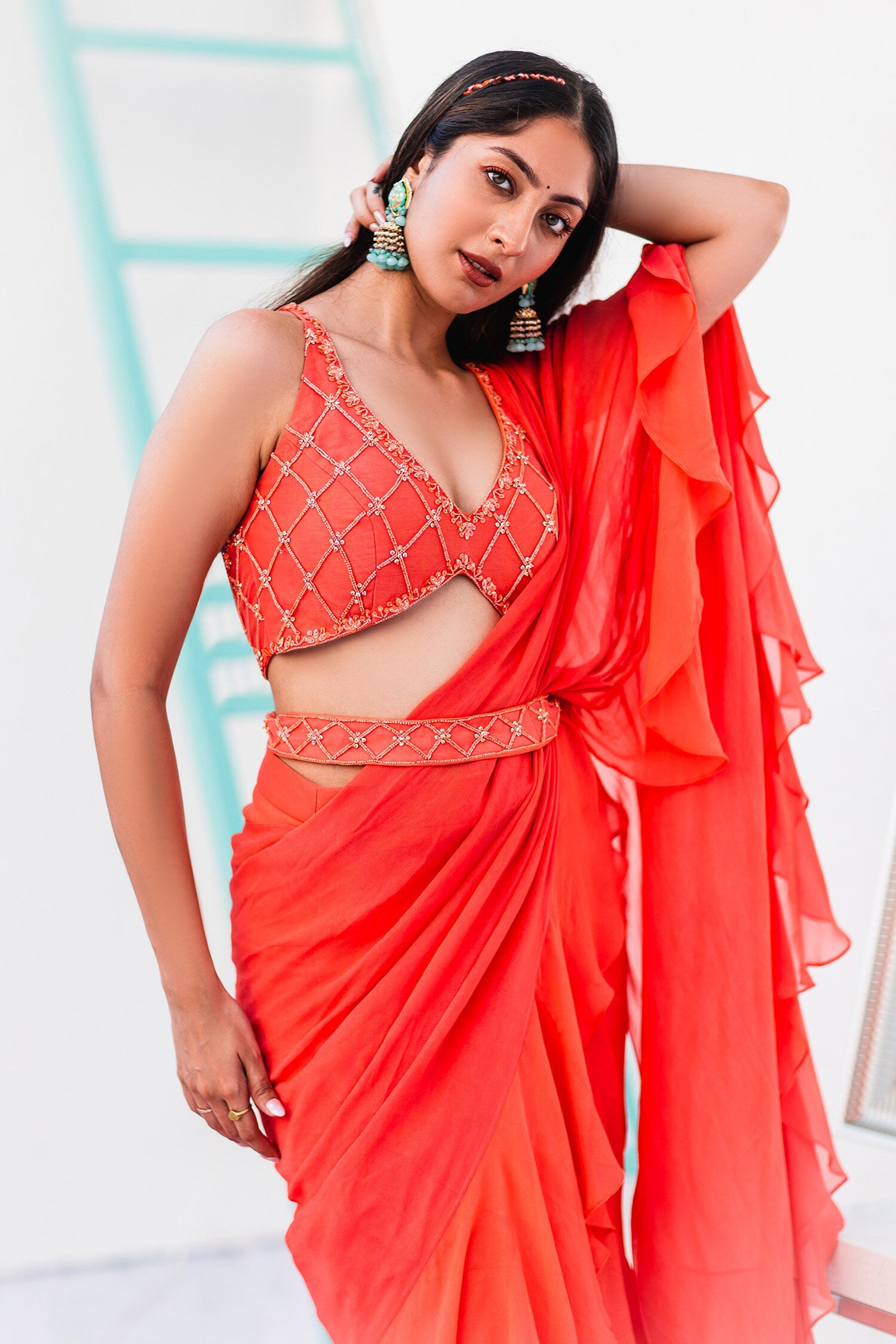 Coral Ruffled Saree