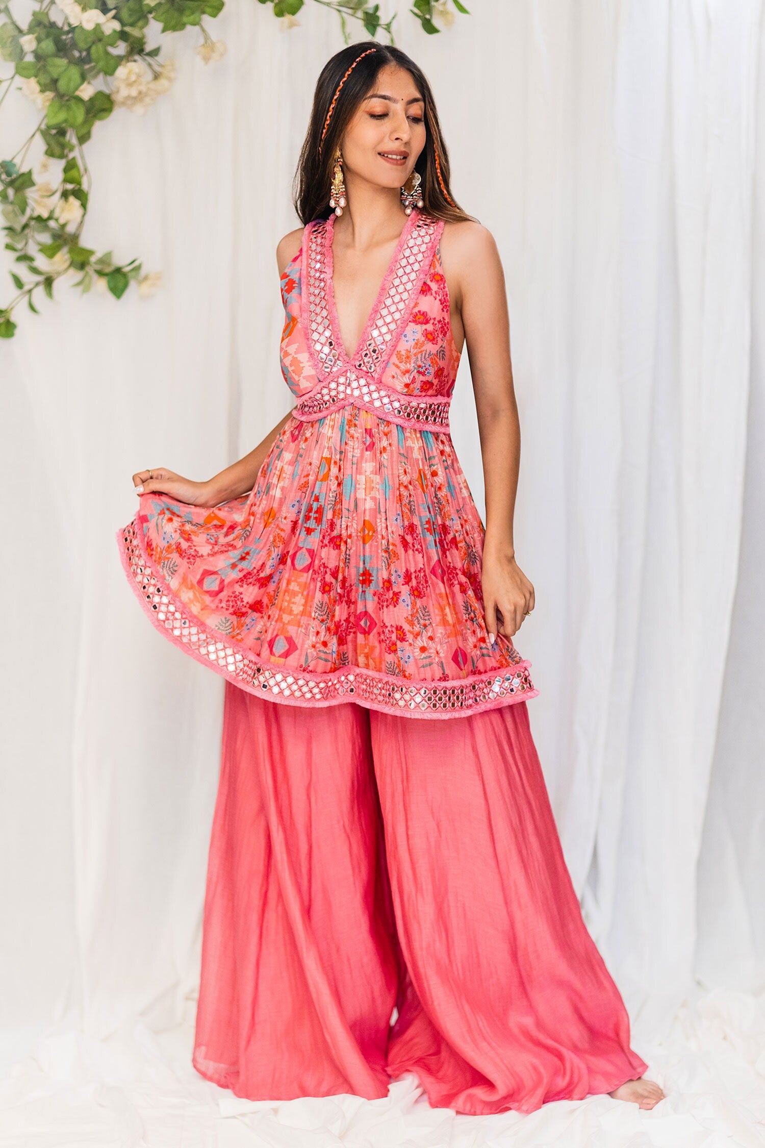 pink chanderi kilim print peplum set