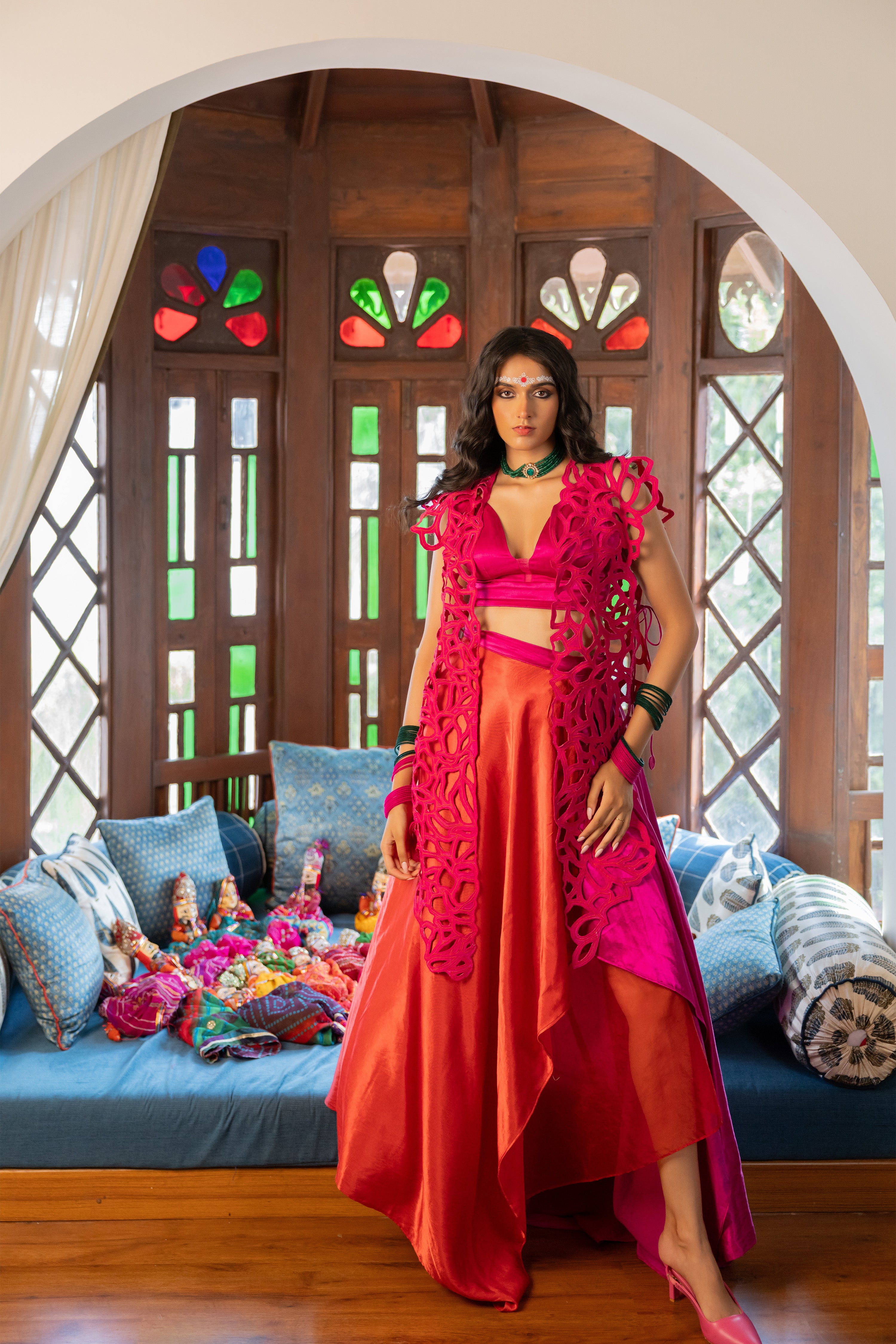 HOT PINK CUTOUT JACKET WITH DUAL COLOUR SKIRT (Cerise)