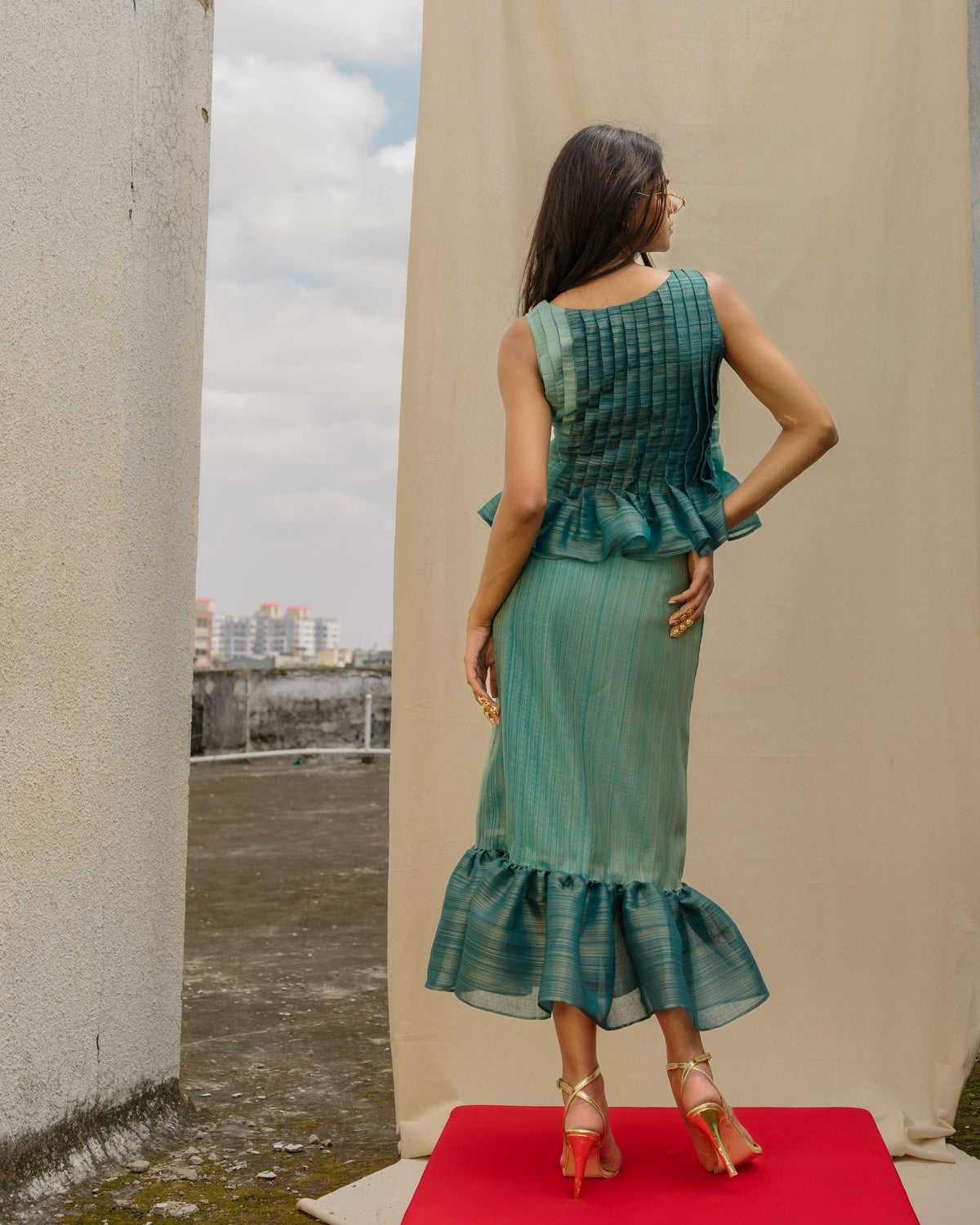 Pleated Peplum Top - Teal Silk