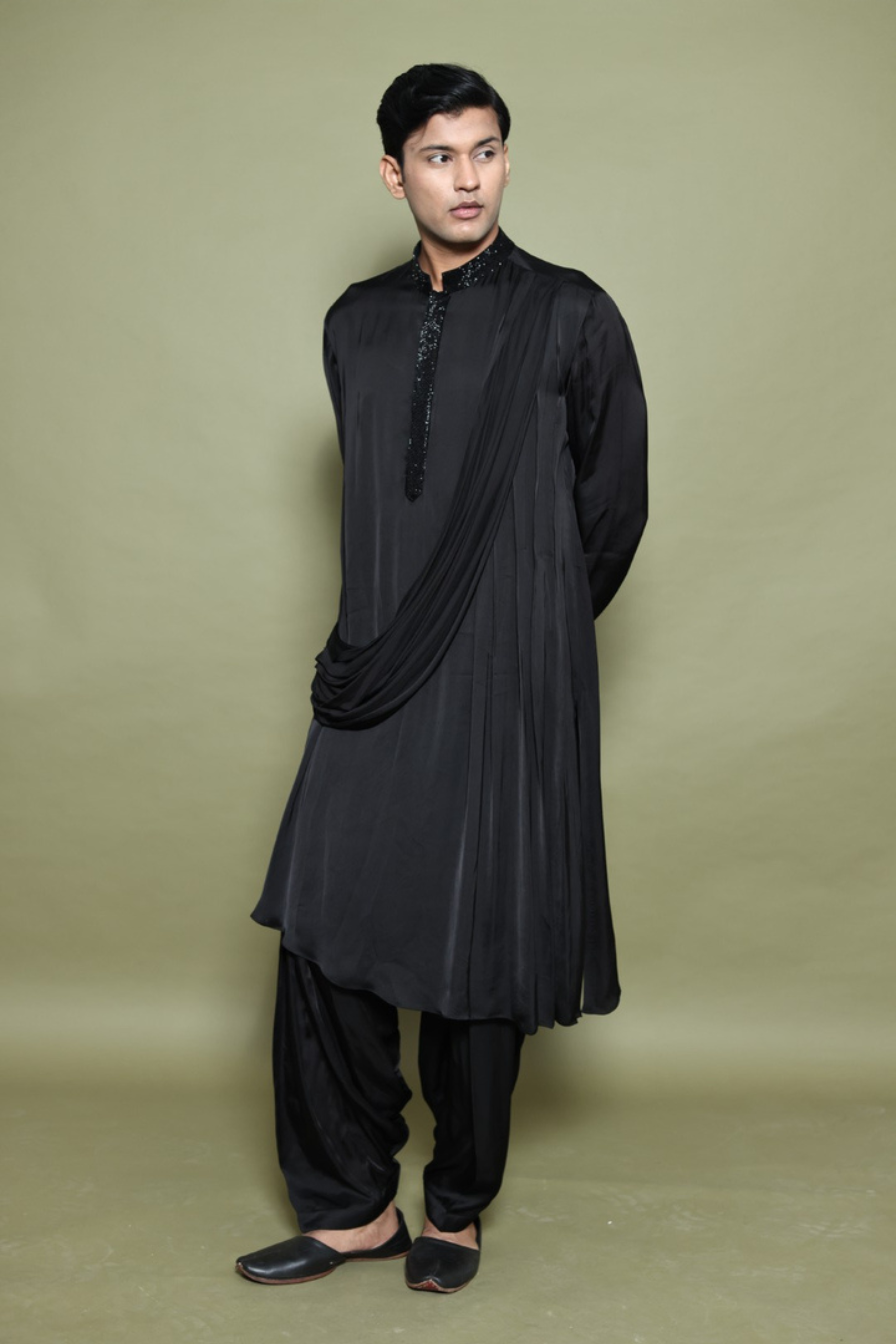 BLACK DRAPED KURTA WITH SALWAR