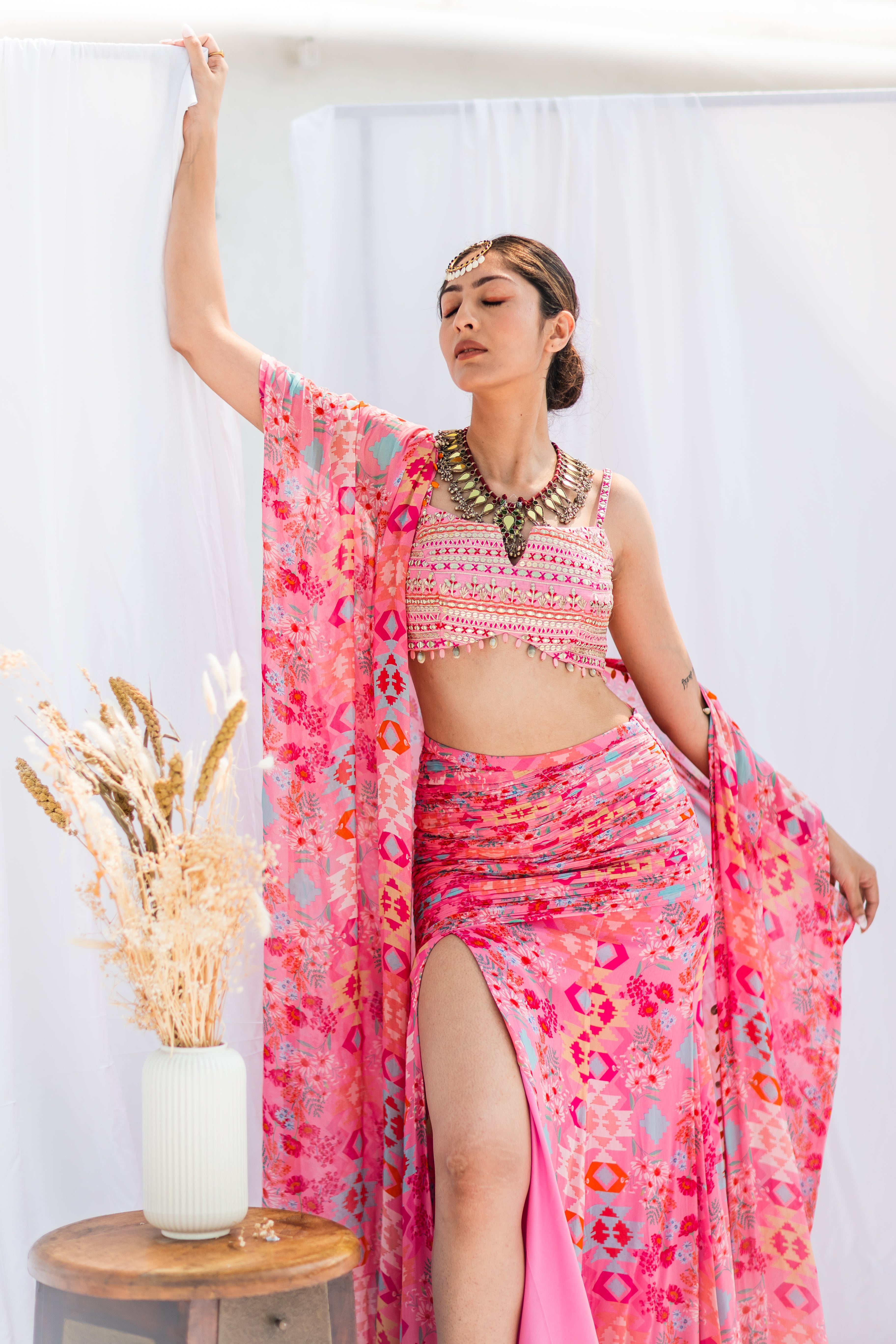 Pink drape high slit Skirt