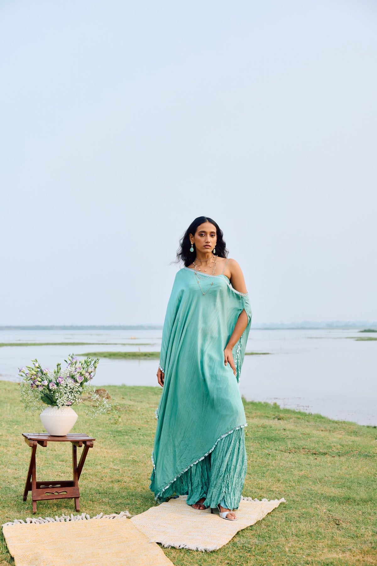 CAPE PAIRED WITH BLOUSE CRUSHED SHARARA SET