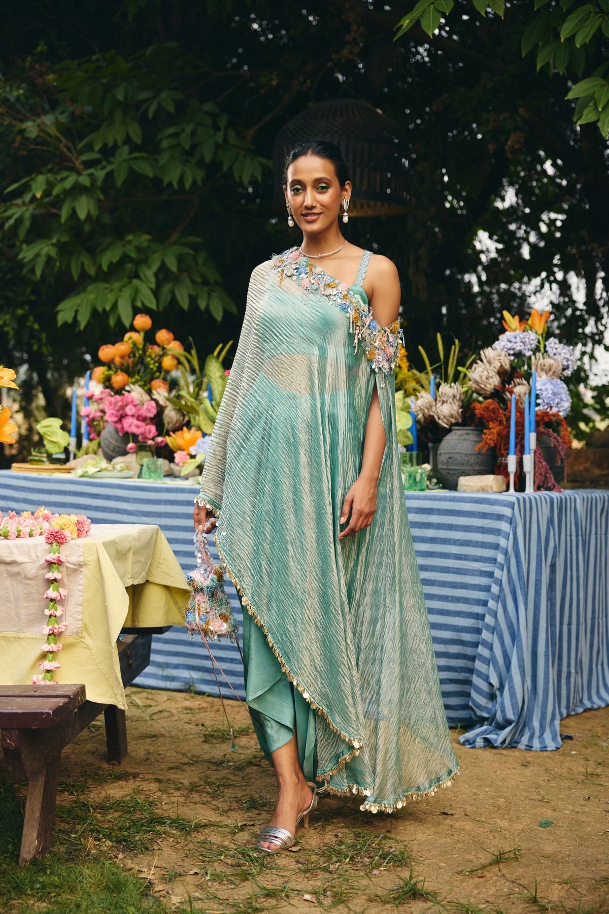 OFF SHOULDER CAPE PAIRED DRAPED SKIRT AND BLOUSE