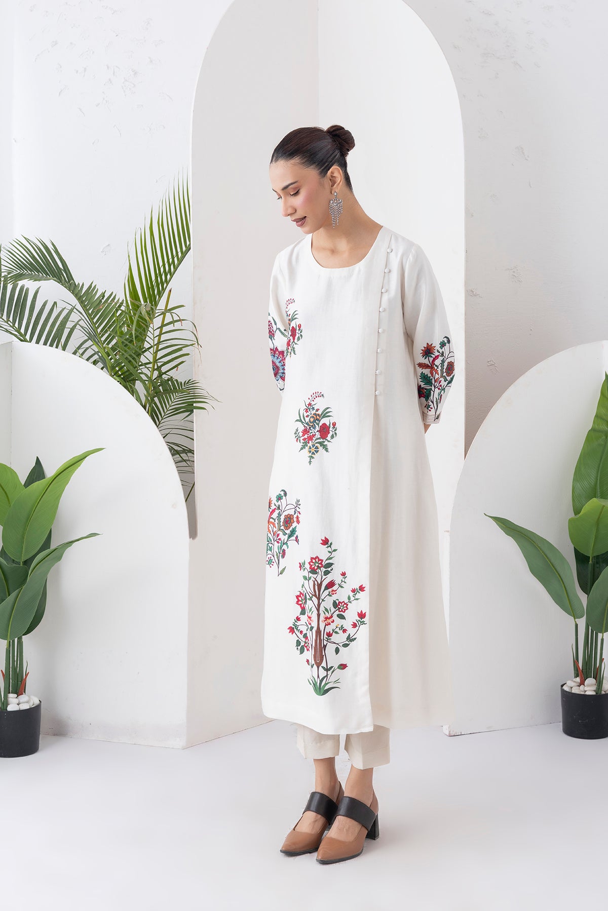 Ivory Silk Chanderi Floral Boota Printed Dress (1 PC)