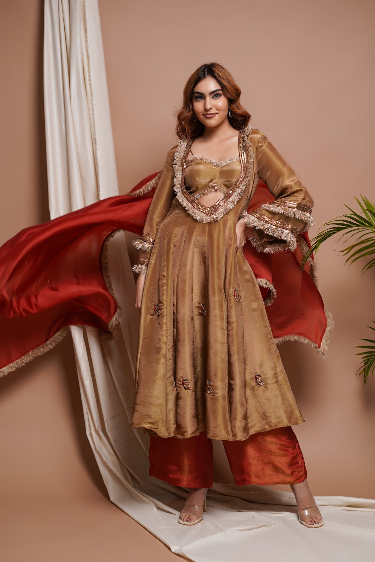 GOLDEN TISSUE SILK ANARKALI SUIT SET (SET OF 4)