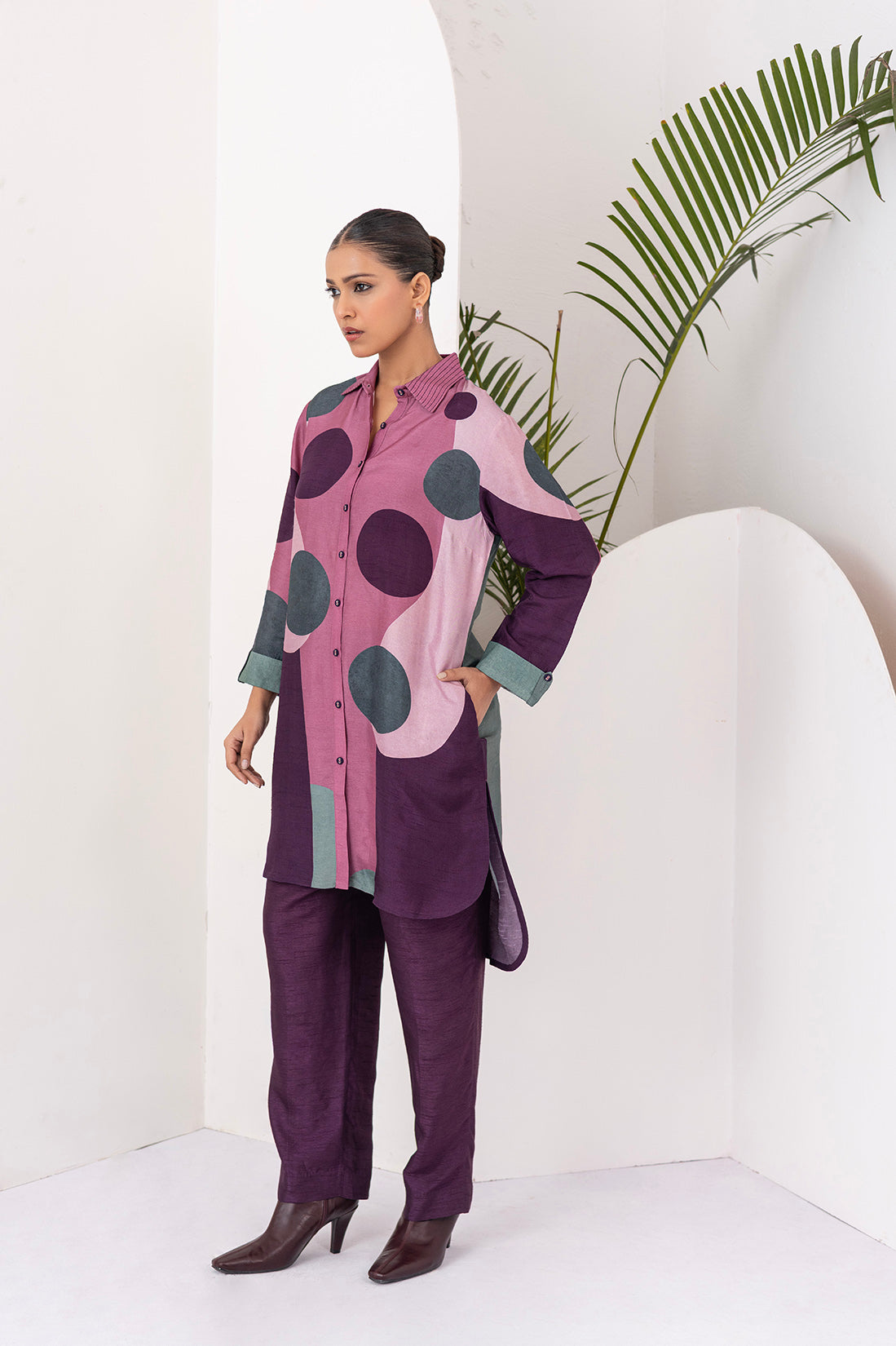 Salmon Pink & Wine Viscose Dupion Printed Shirt Style Tunic (1 PC)