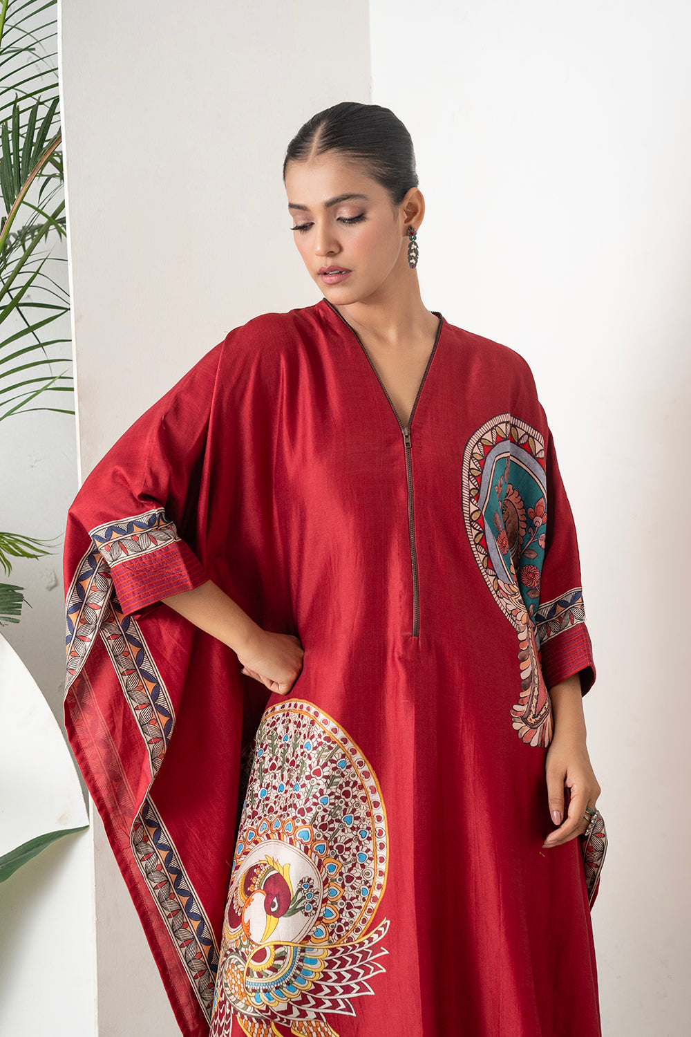 Maroon Silk Chanderi Bold Peacock Printed Zippered Kaftan Set (2 PCS)