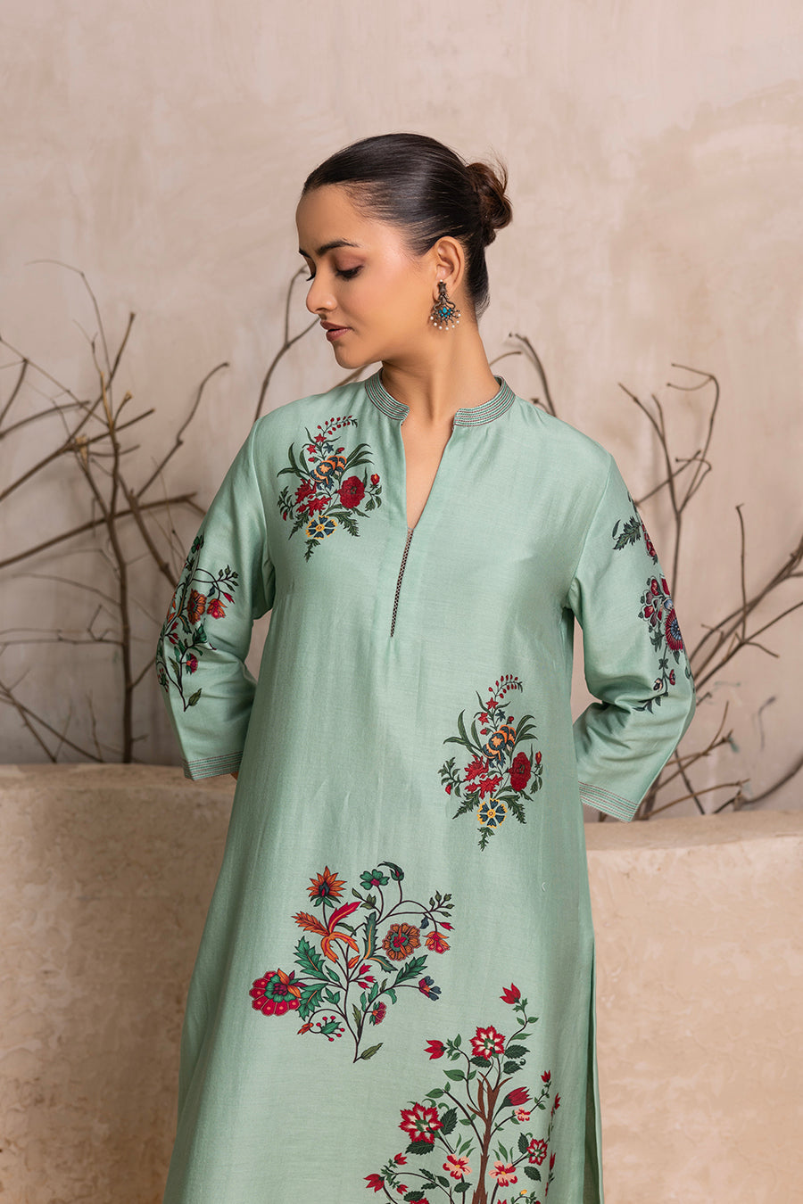 Mint Silk Chanderi Floral Boota Printed Tunic (1 PC)