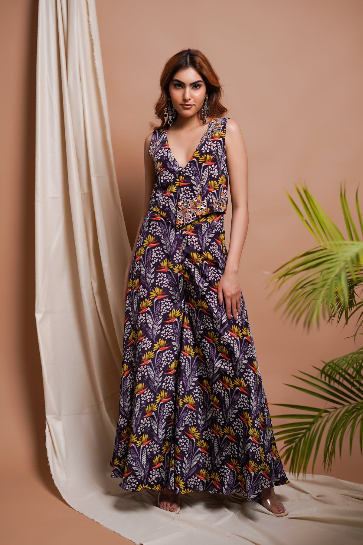 VIOLET PRINTED VEST COAT AND PANT/PALAZZO SET (SET OF 2)