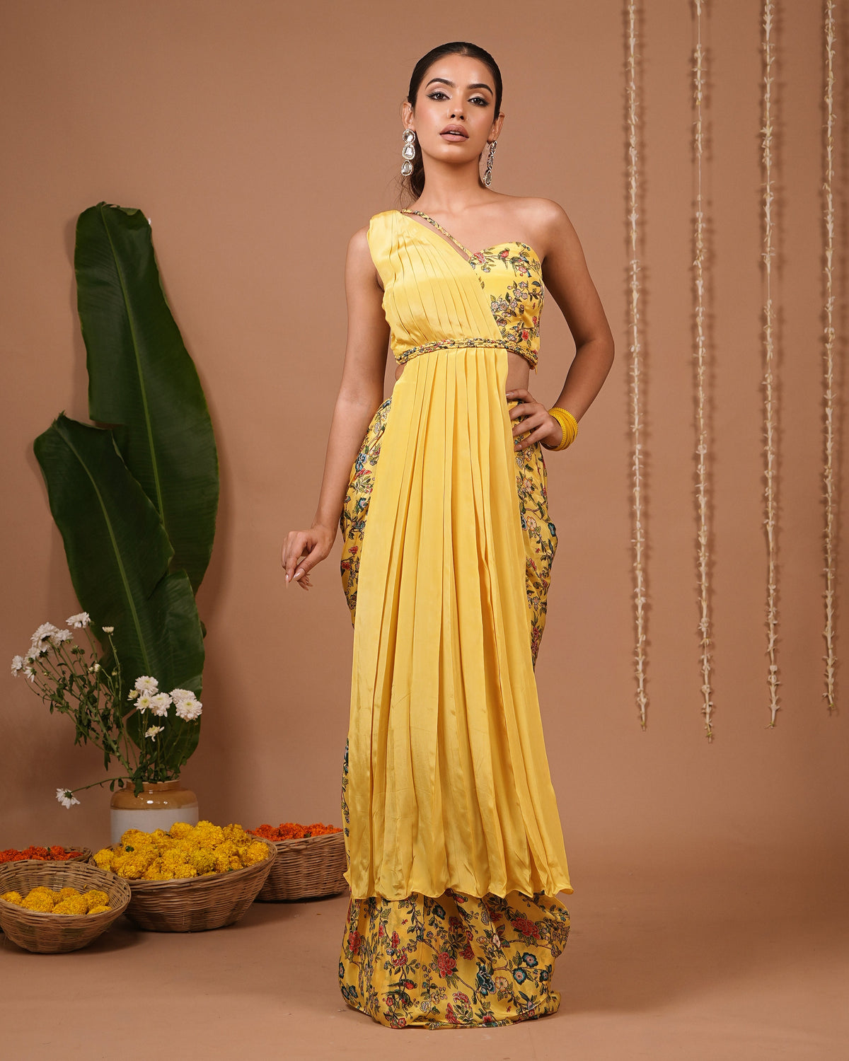 Yellow Printed Indo Saree (Set of 2)