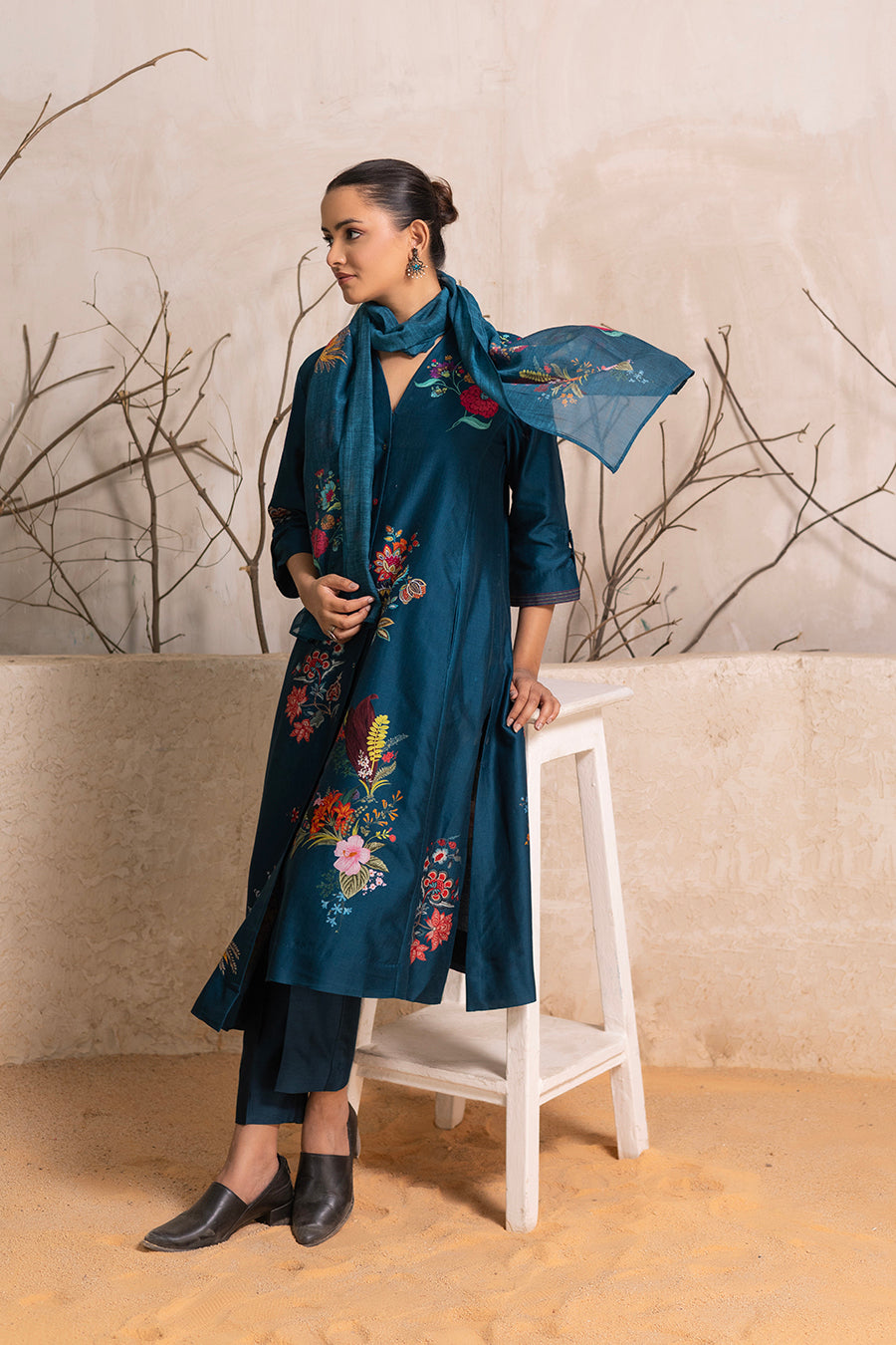 Indigo Silk Chanderi Printed Stole (1 PC)