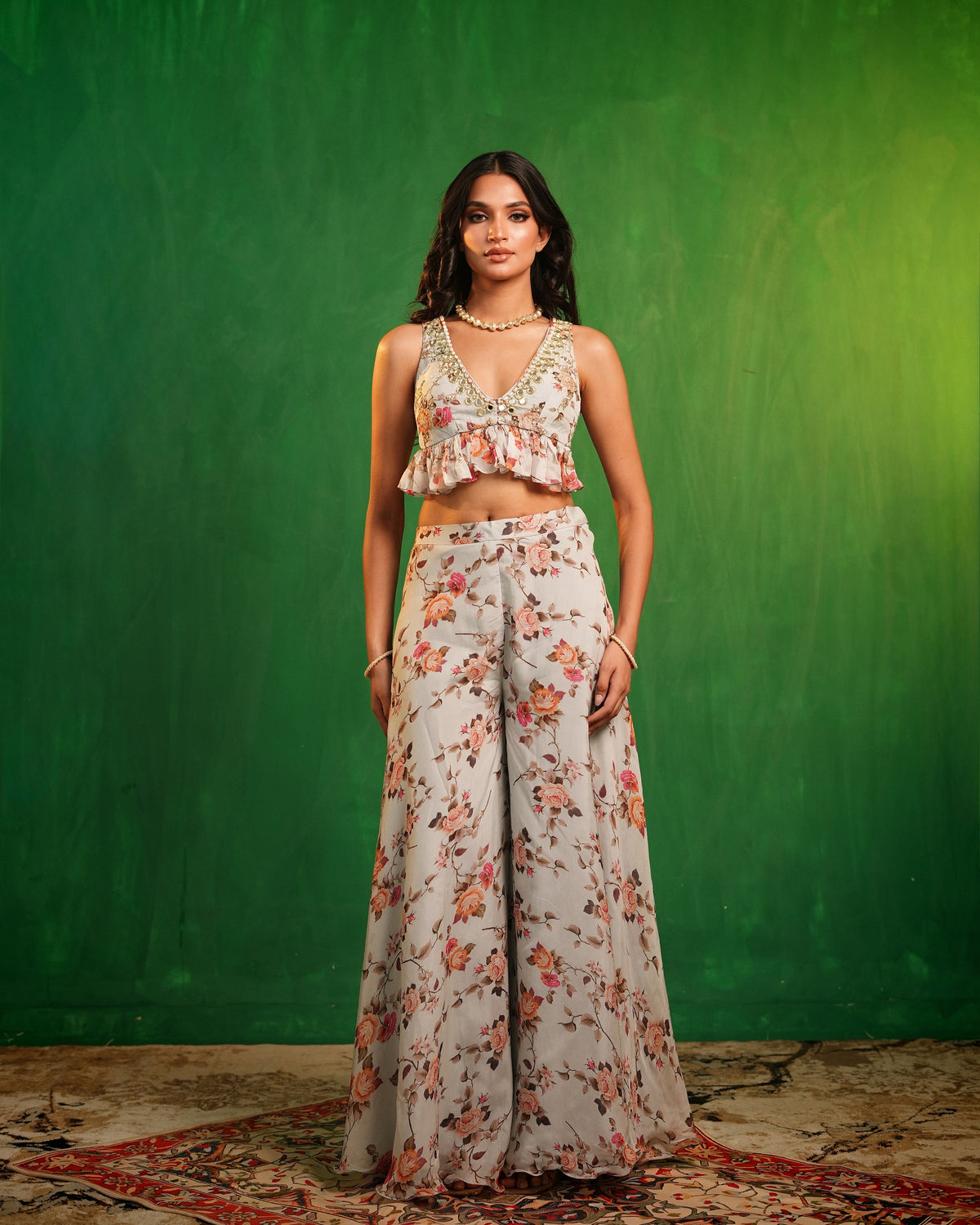 Sky Blue Floral Printed Backless Indo Set (Set of 2)