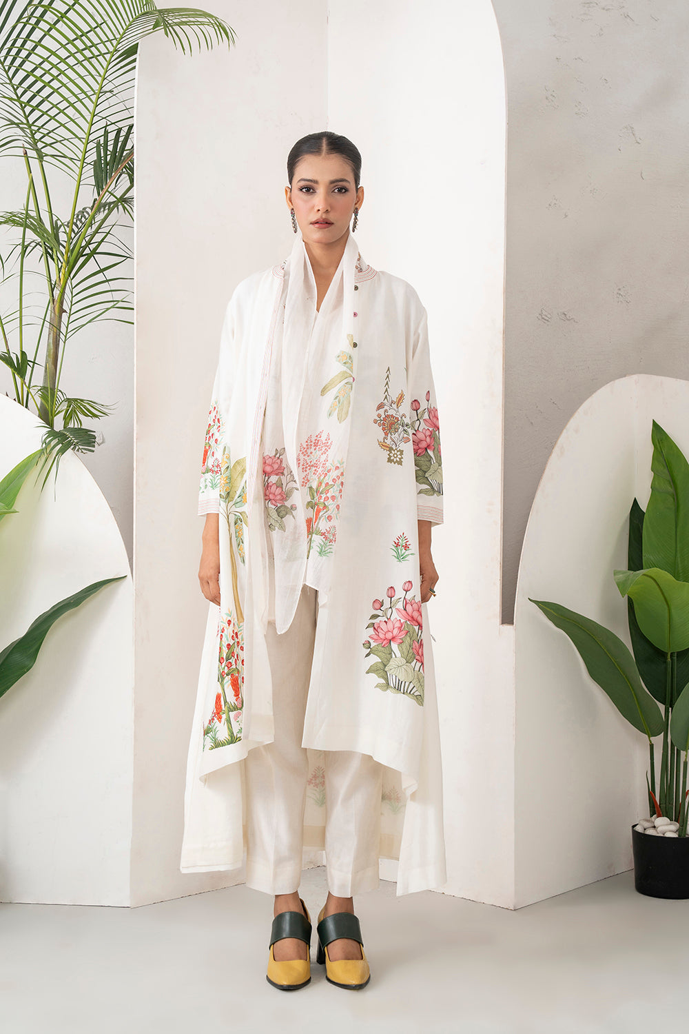 Ivory Silk Chanderi Miniature Art Printed High-Low Dress Set (3 PCS)