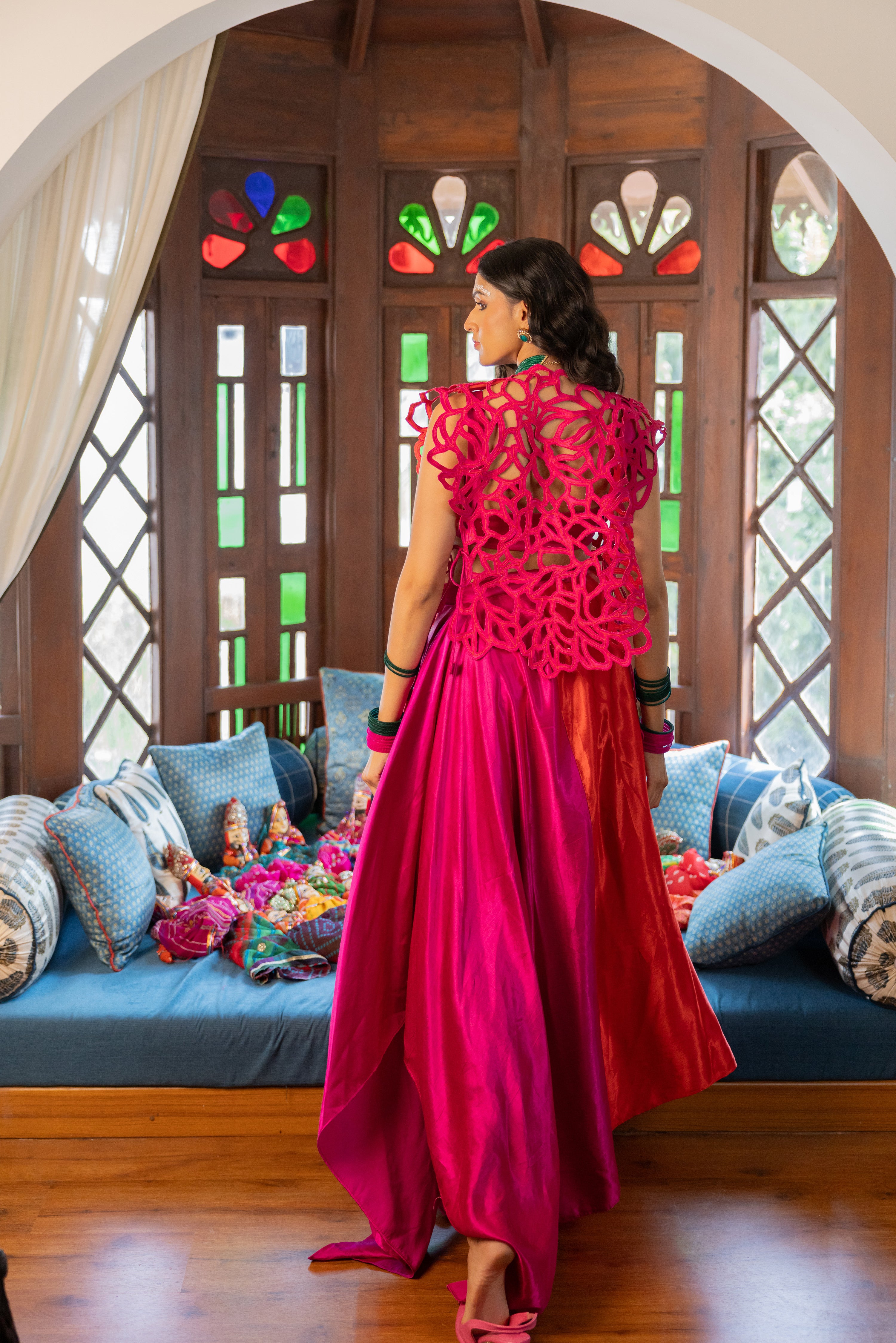 HOT PINK CUTOUT JACKET WITH DUAL COLOUR SKIRT (Cerise)