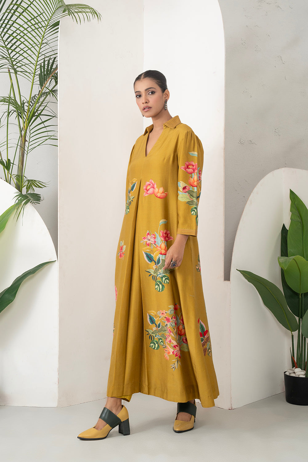 Mustard Silk Chanderi Front Pleat Detailed Colourful Floral Printed Dress Set (2 PCS)