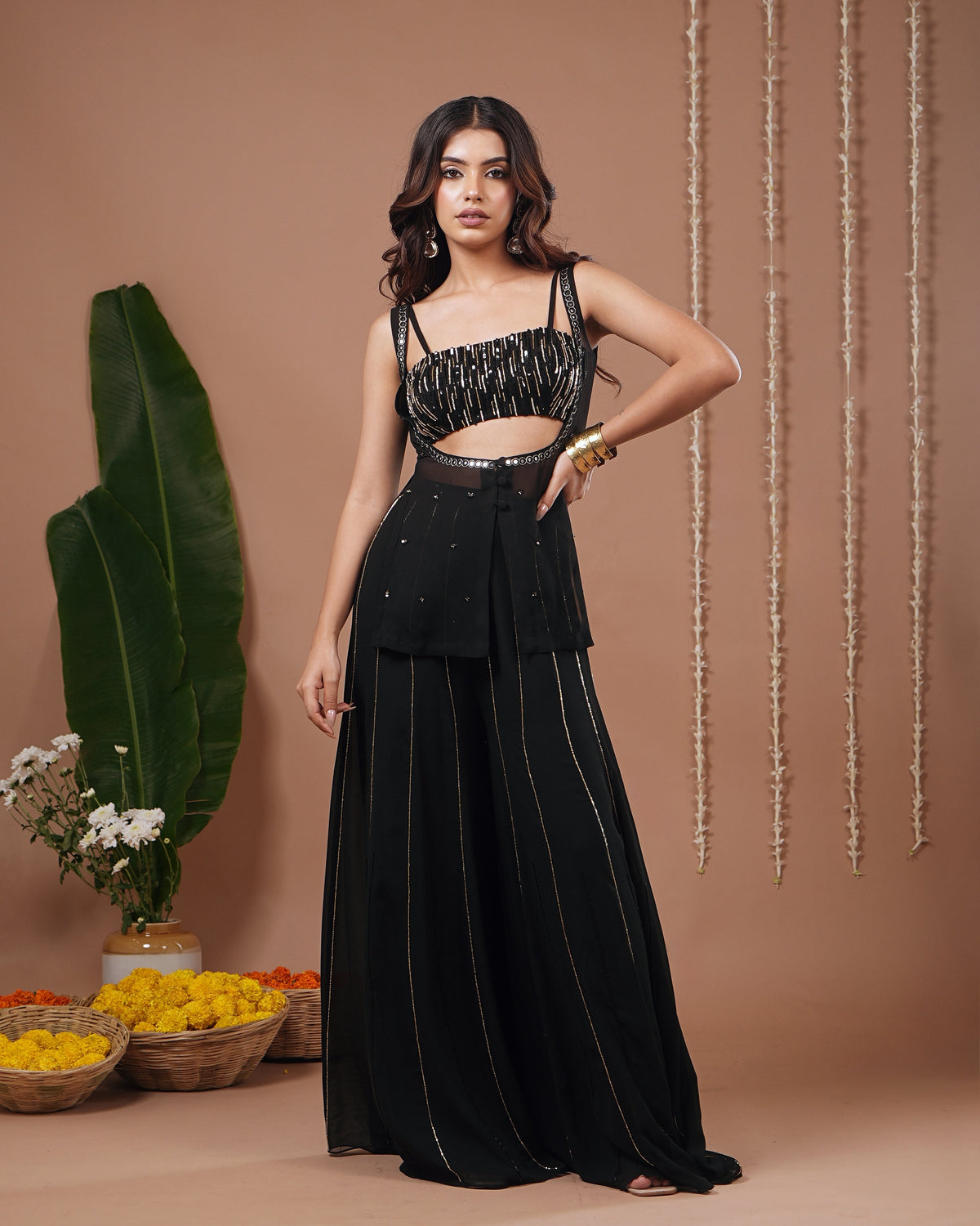 Black Georgette Heavy Indo Set (Set of 3)