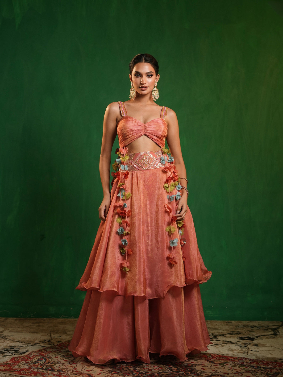 Peach Pink Tissue Layered Indo Skirt Set (Set of 2)