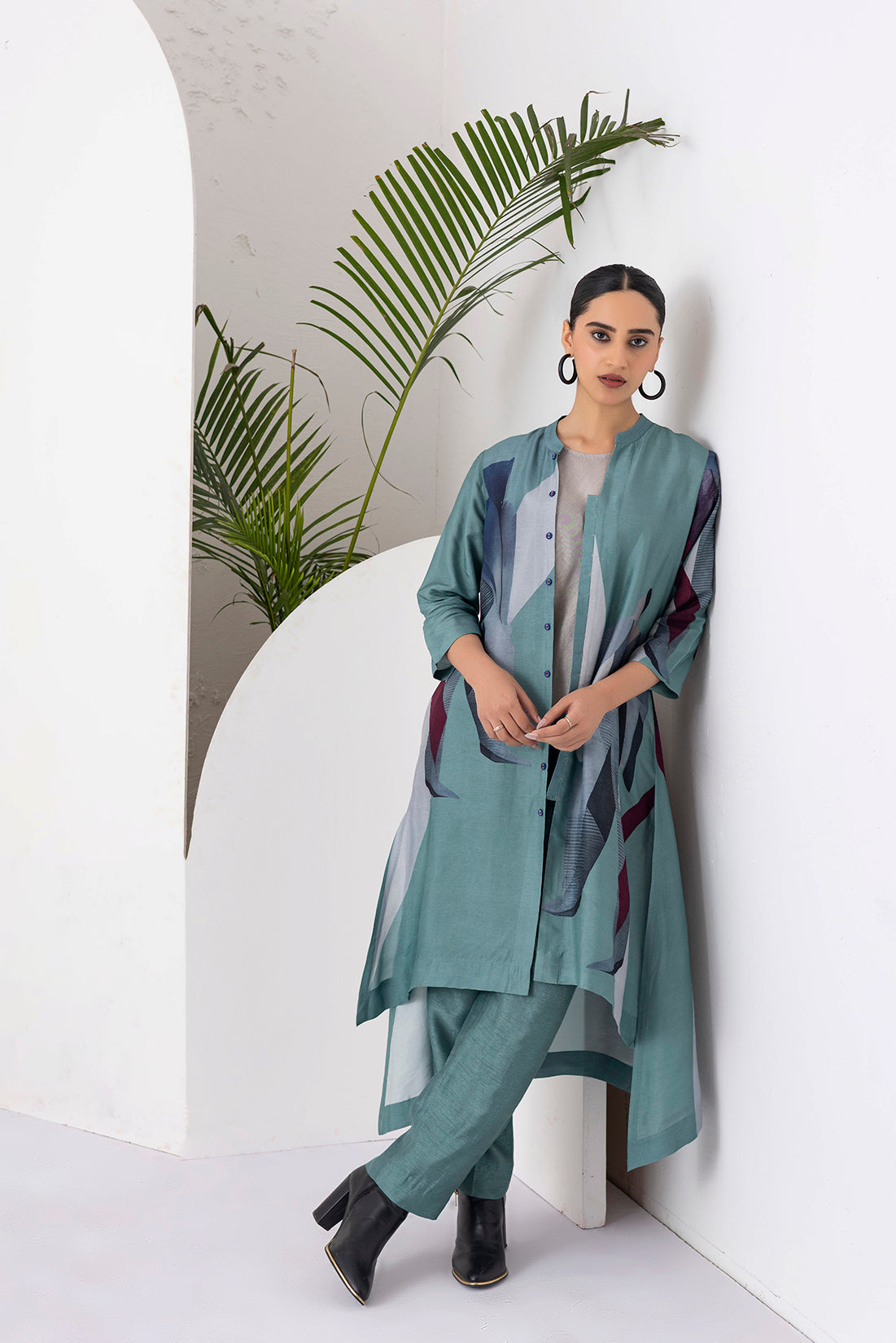 Sage Green Viscose Dupion Printed High-Low Dress (1 PC)