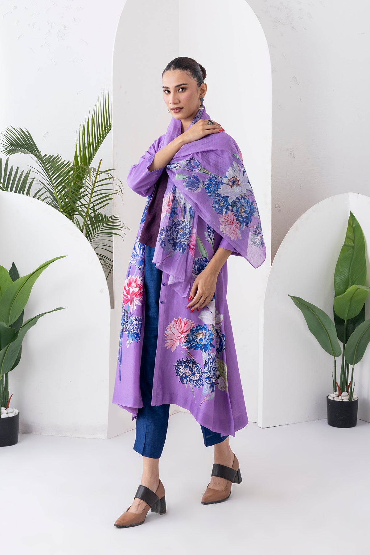 Lavender Silk Chanderi Front Open Printed Dress (1 PC)