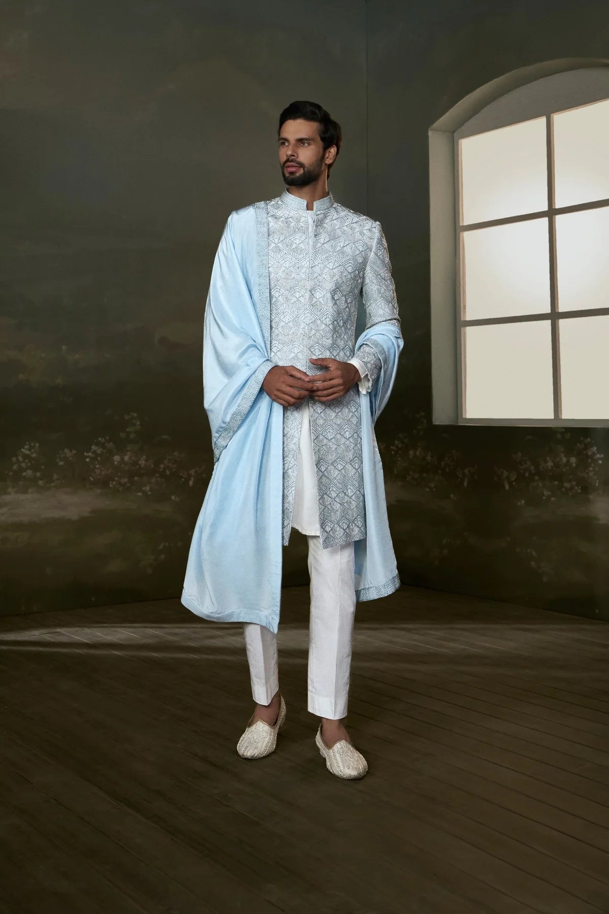 Powder-blue embroidered raw silk sherwani
