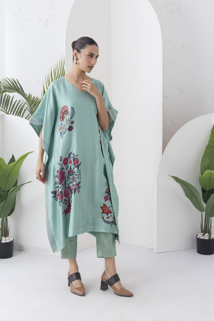Mint Silk Chanderi Chintz Printed Kaftan (1 PC)