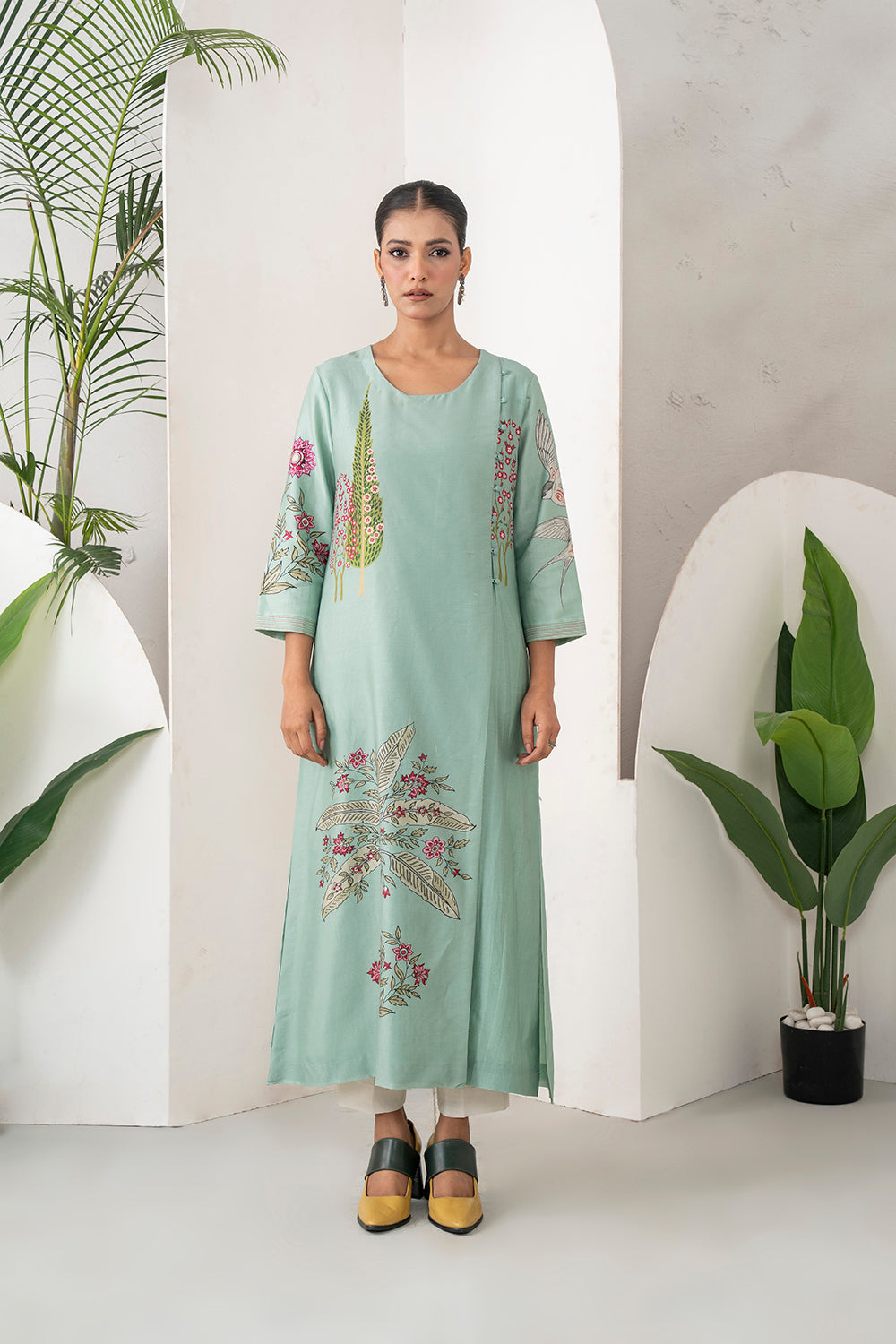 Mint Silk Chanderi Miniature Painting Inspired Printed Dress Set (2 PCS)