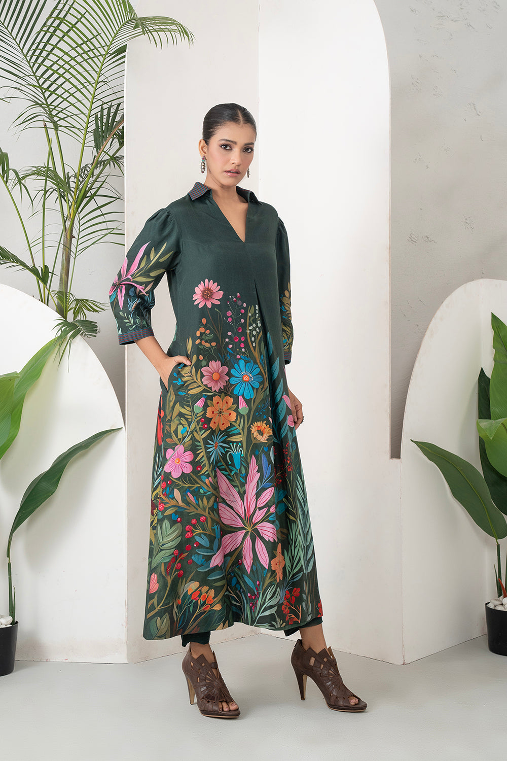 Dark Green Silk Chanderi Vibrant Multicolour Floral Printed Dress Set (2 PCS)