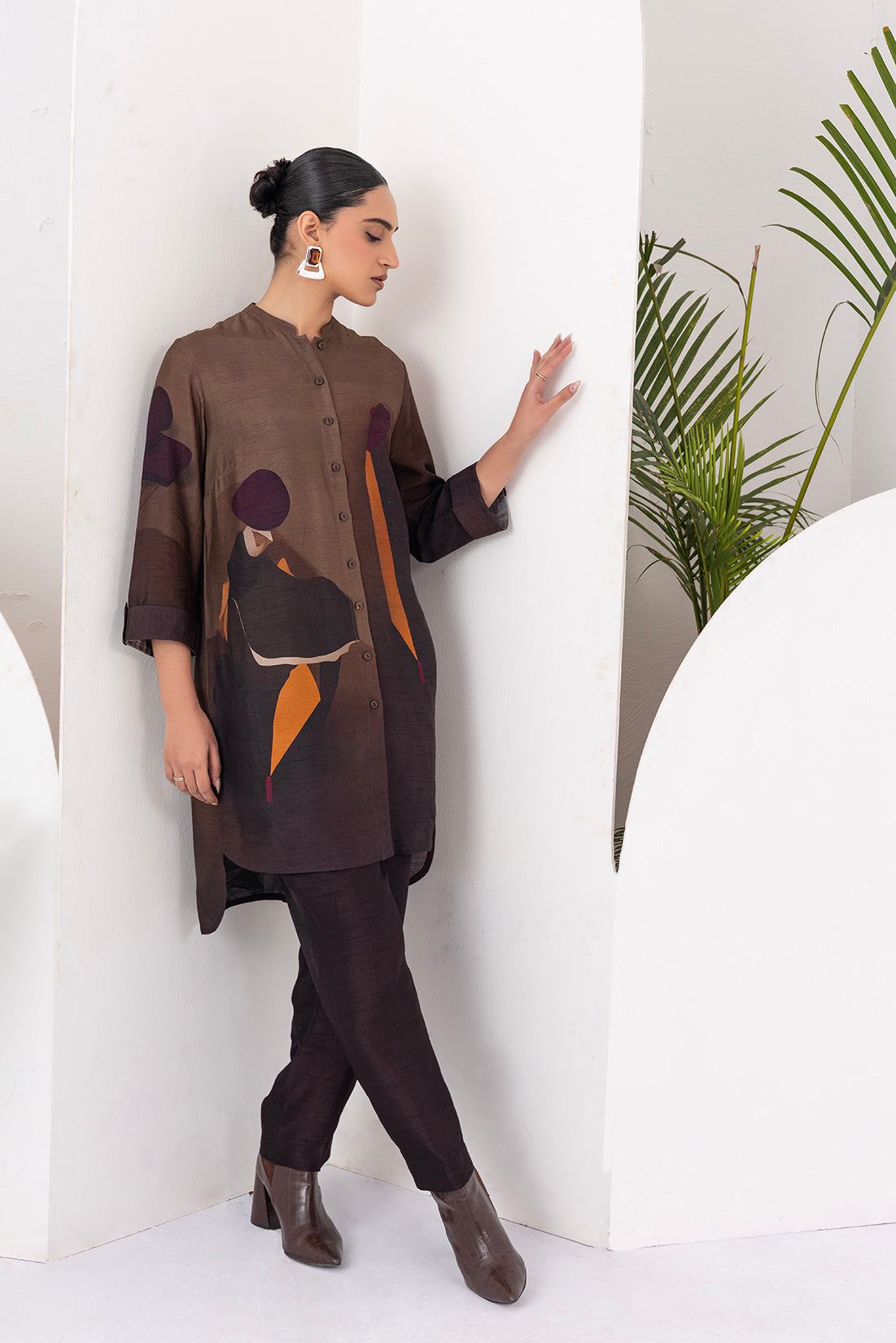 Shades Of Brown Viscose Dupion Printed Shirt Style Tunic (1 PC)