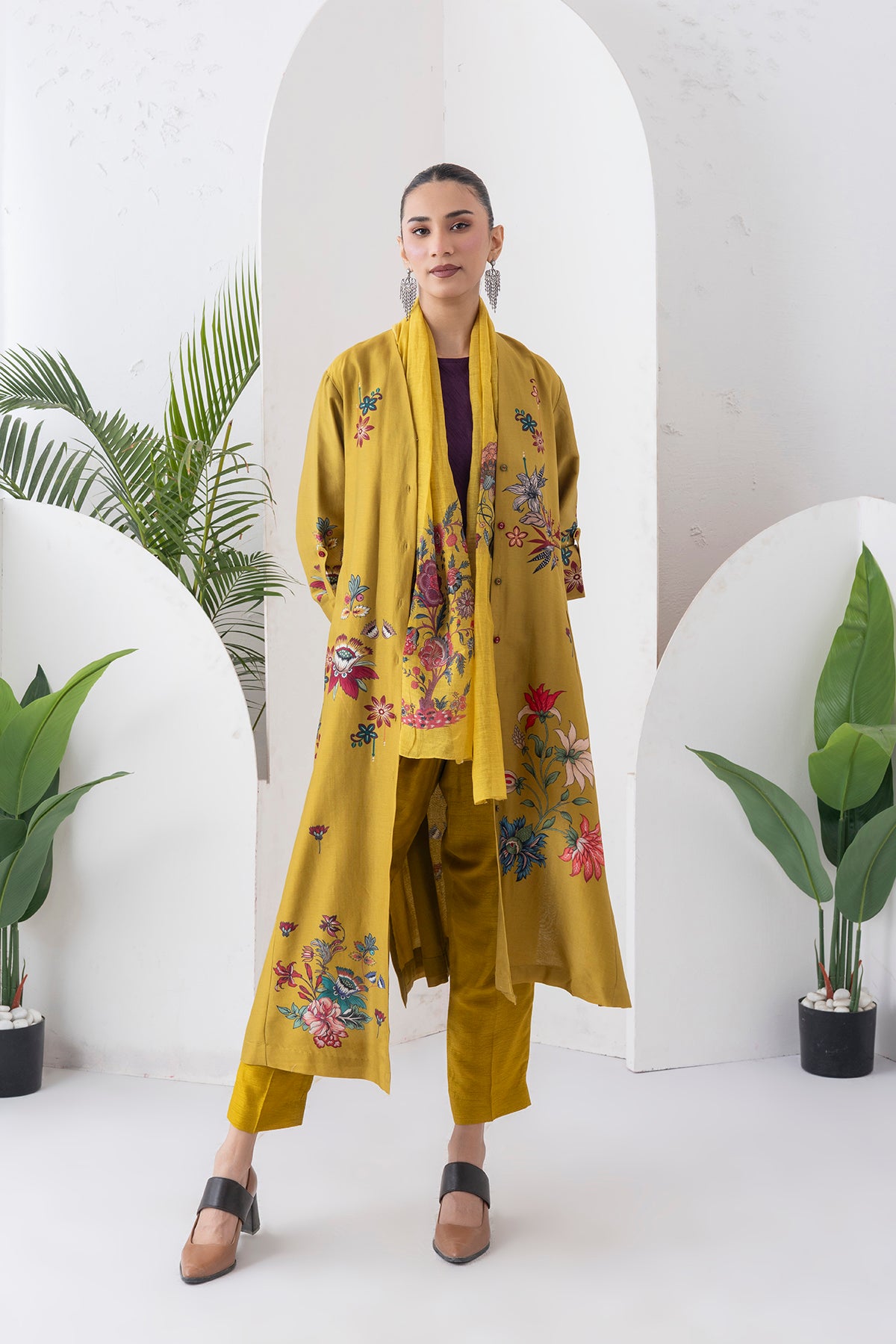 Mustard Silk Chanderi Printed High-Low Dress (1 PC)