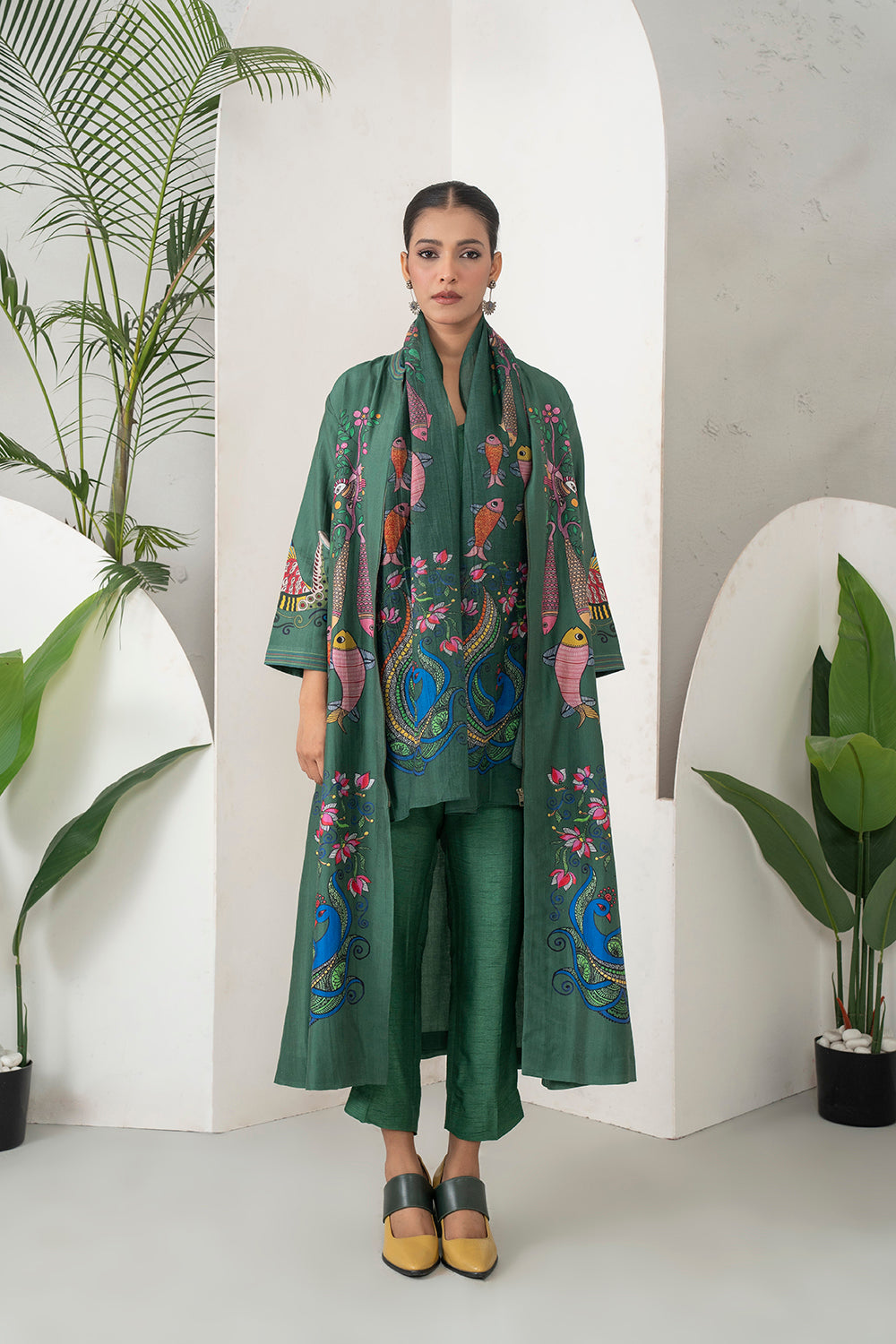 Emerald Silk Chanderi Peacocks And Fish Motifs Printed Dress Set (3 PCS)