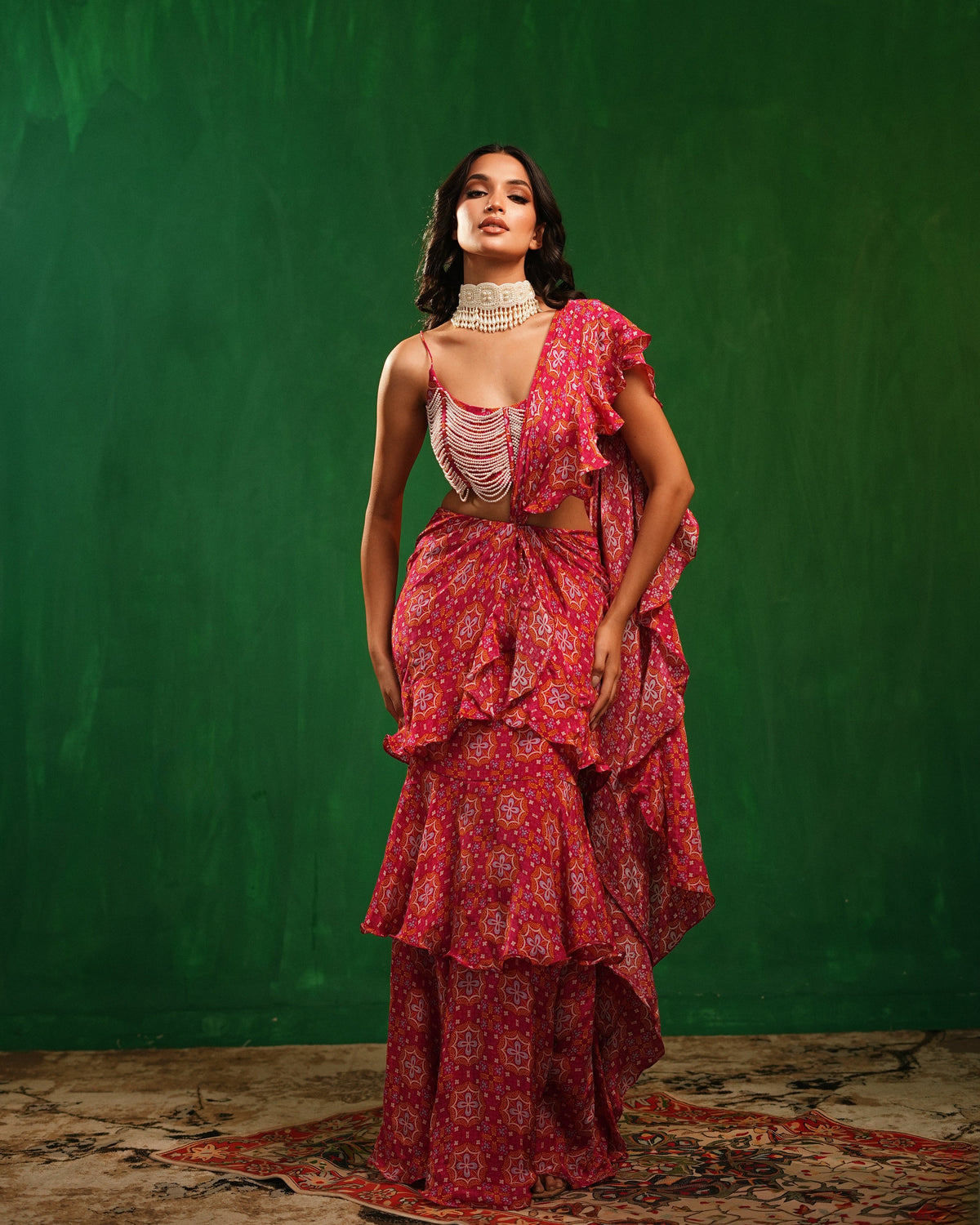 Fuchsia Mandla Digital Print Ruffle Pre Drape Saree Set (Set of 2)