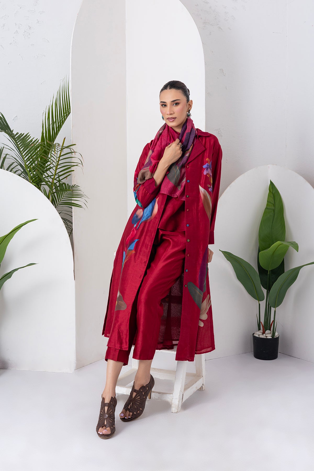 Red Viscose Dupion Printed Front Open Dress (1 PC)
