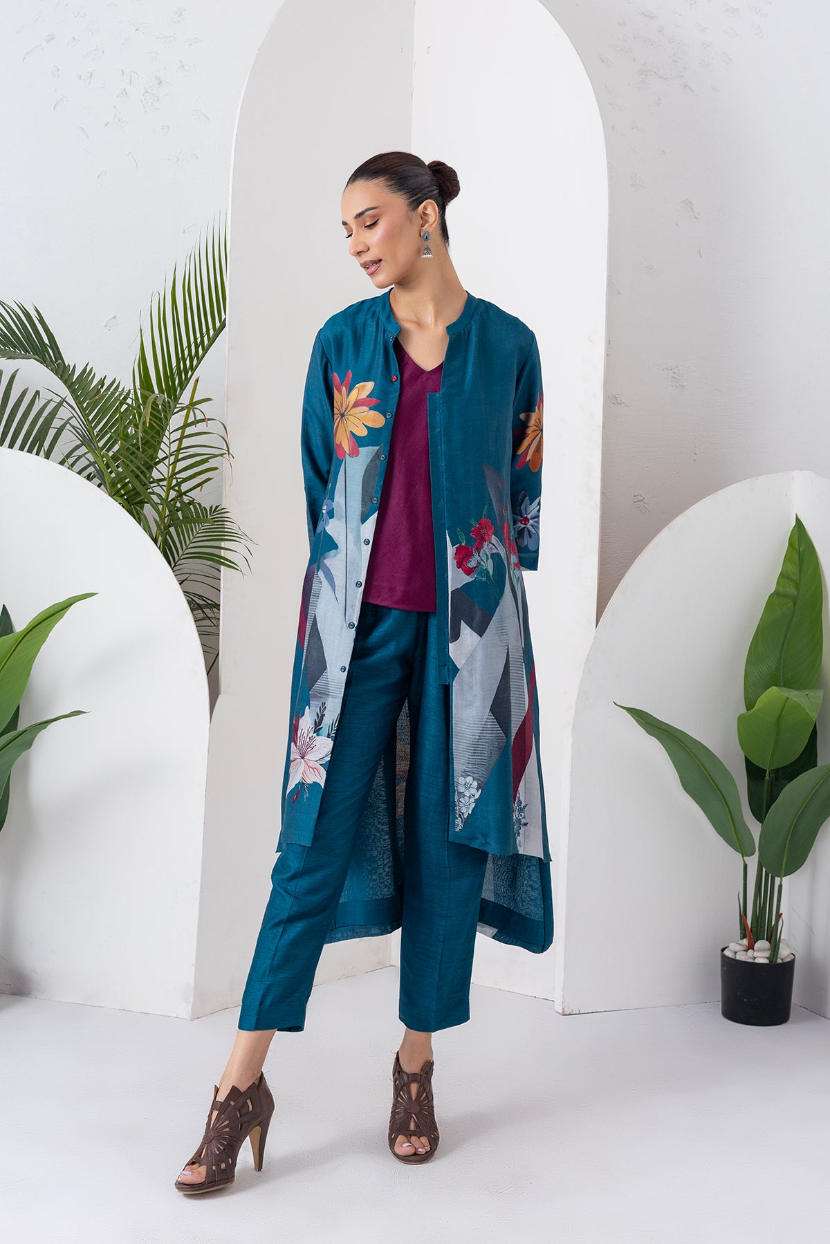 Indigo Silk Chanderi Printed High-Low Dress (1 PC)