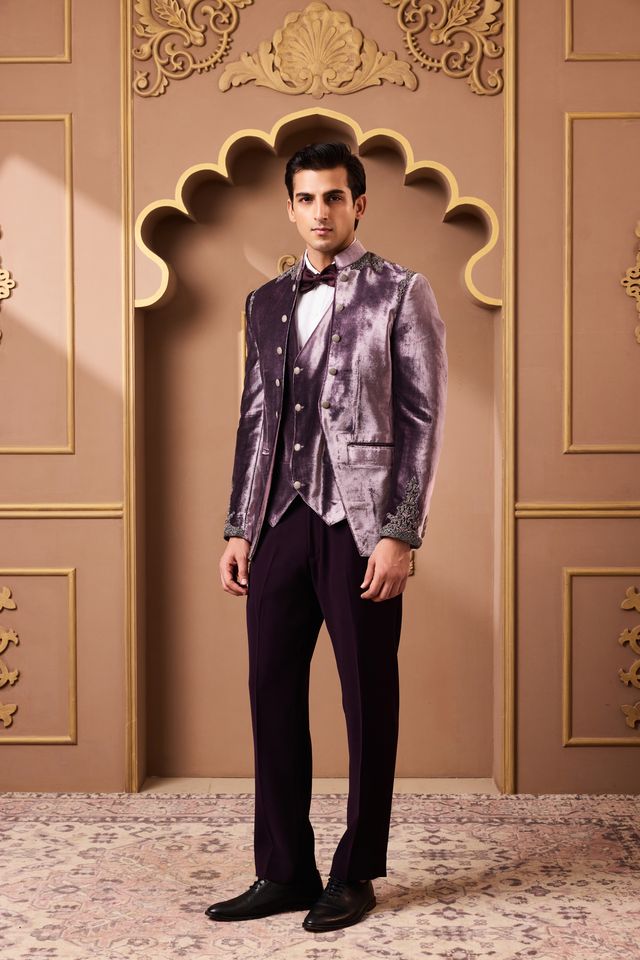 Lilac Embroided Coat and Vest With Pant