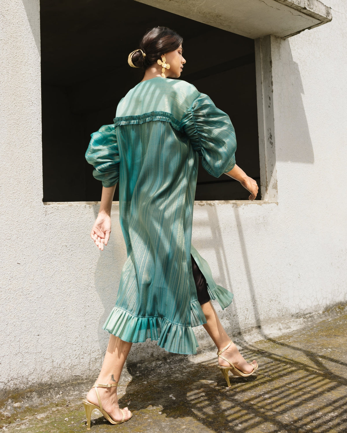 Voluminous Sleeve Dress - Teal Silk