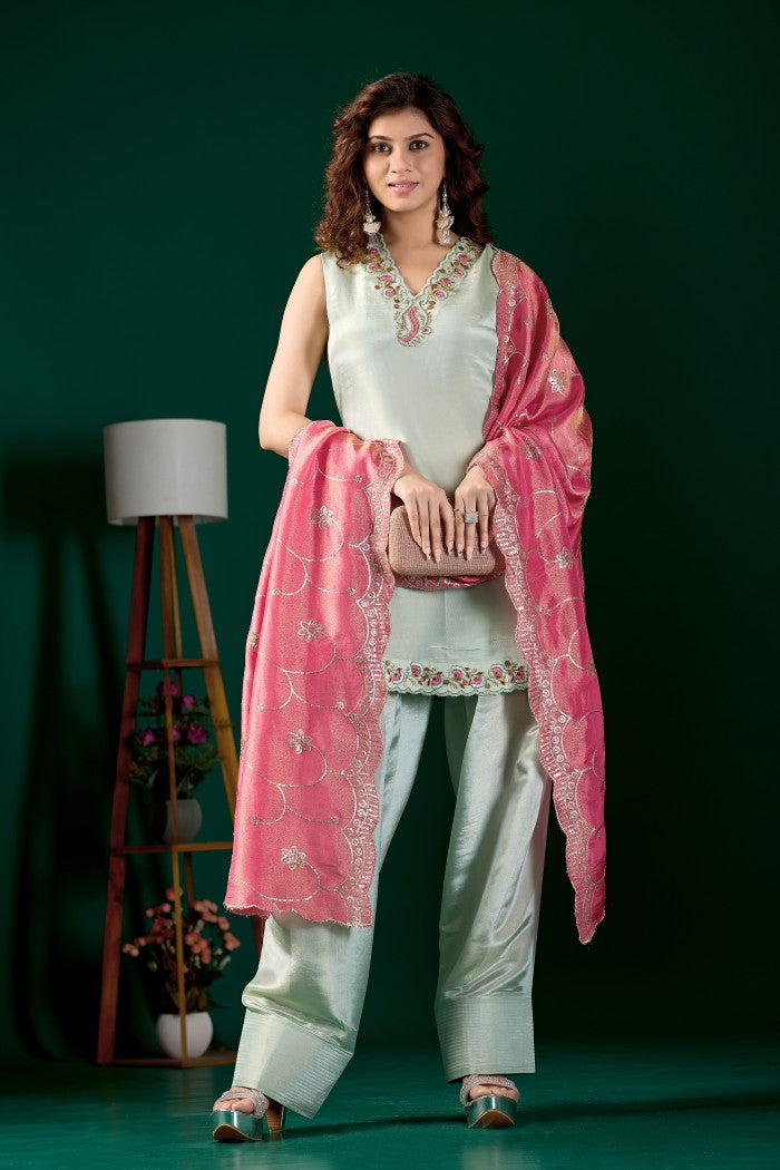 Mint Embroidered festive kurta set