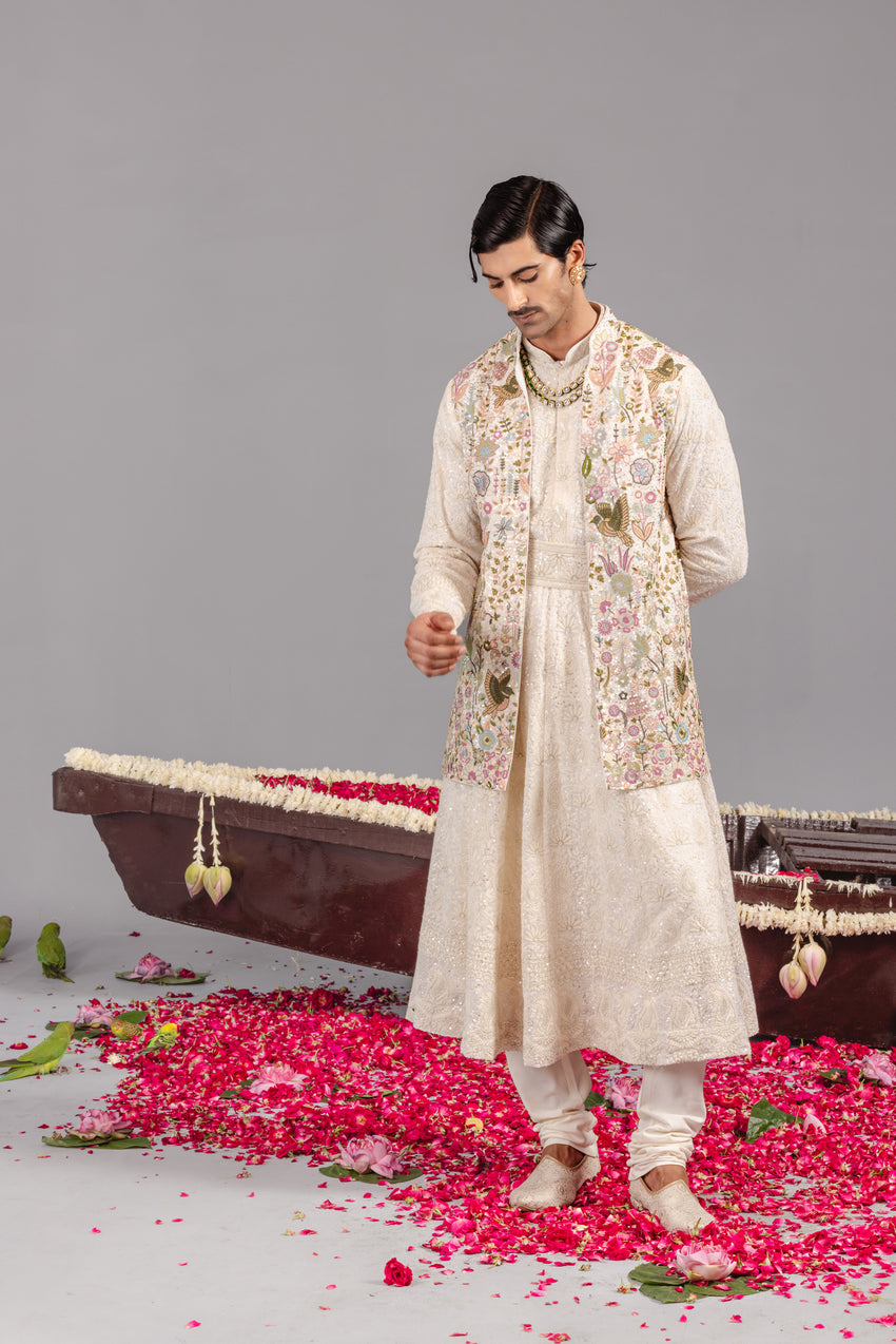 PHOOLPANKH IVORY JACKET ANARKALI SET