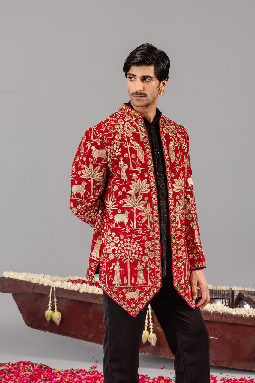 PICHWAI RED JODHPURI SET