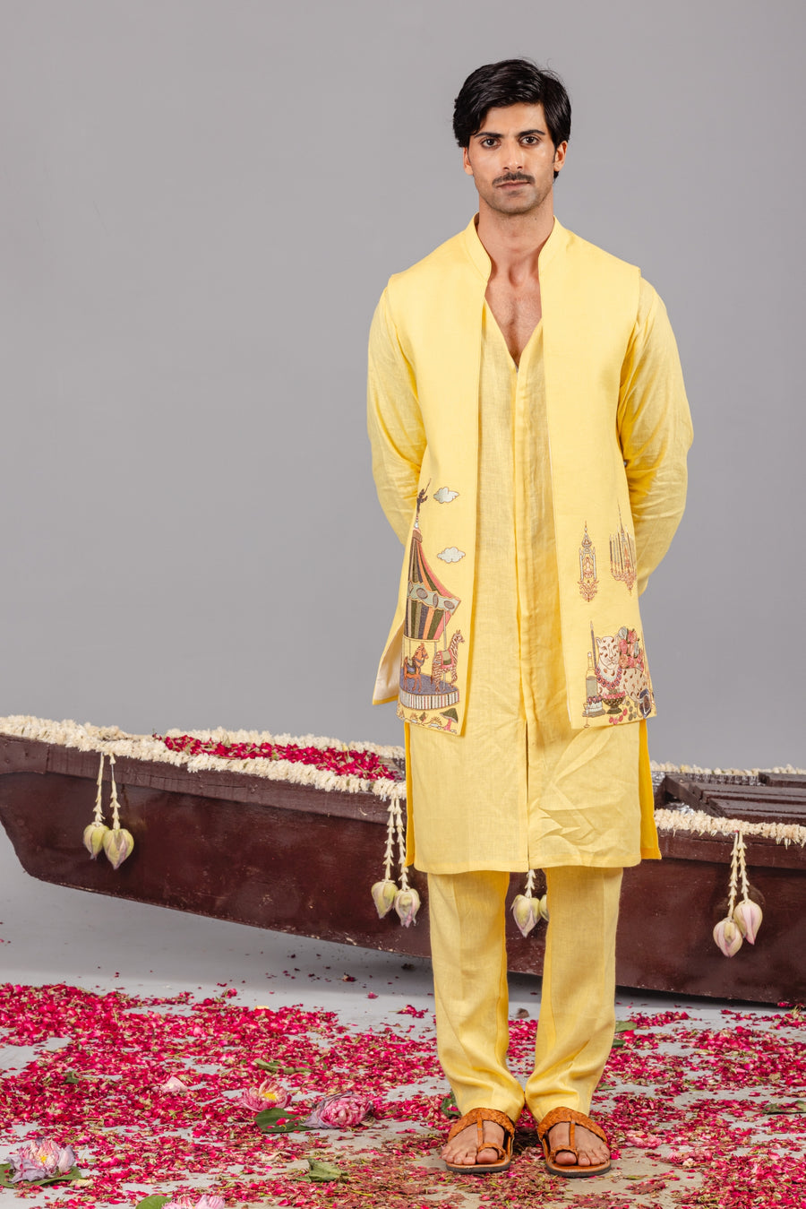 CARNIVAL YELLOW FRONT OPEN KURTA JACKET SET