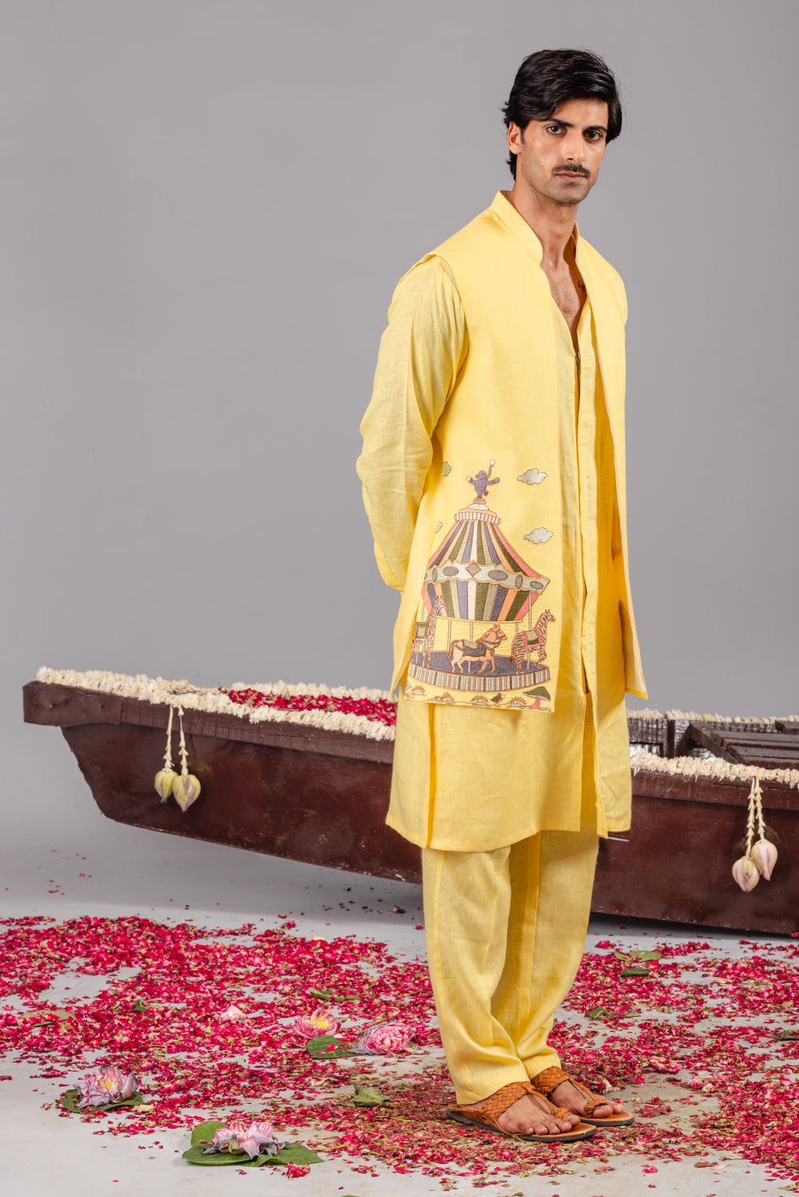CARNIVAL YELLOW FRONT OPEN KURTA JACKET SET