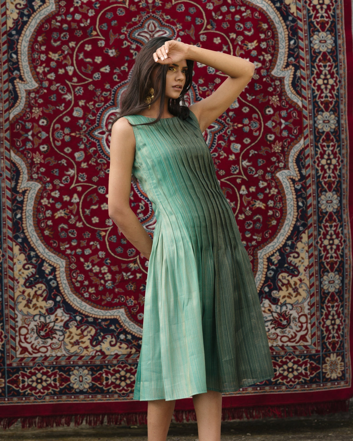 Structured Pleat Dress - Forest Silk