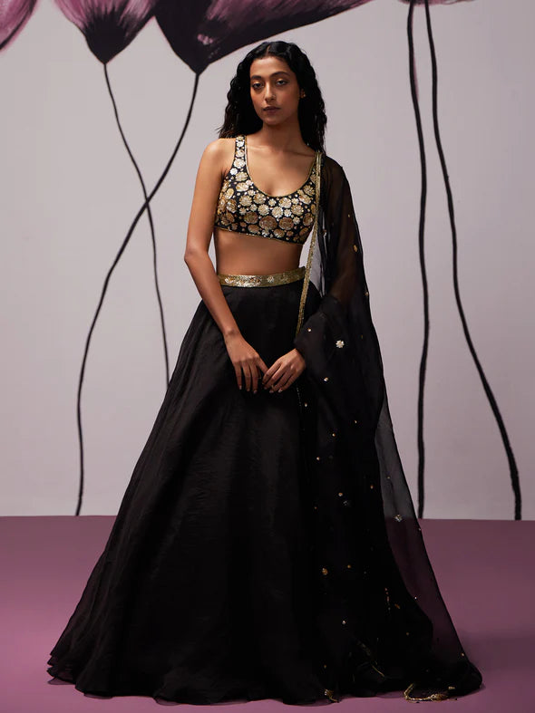 Nightflower Black Silk Organza Lehenga Set
