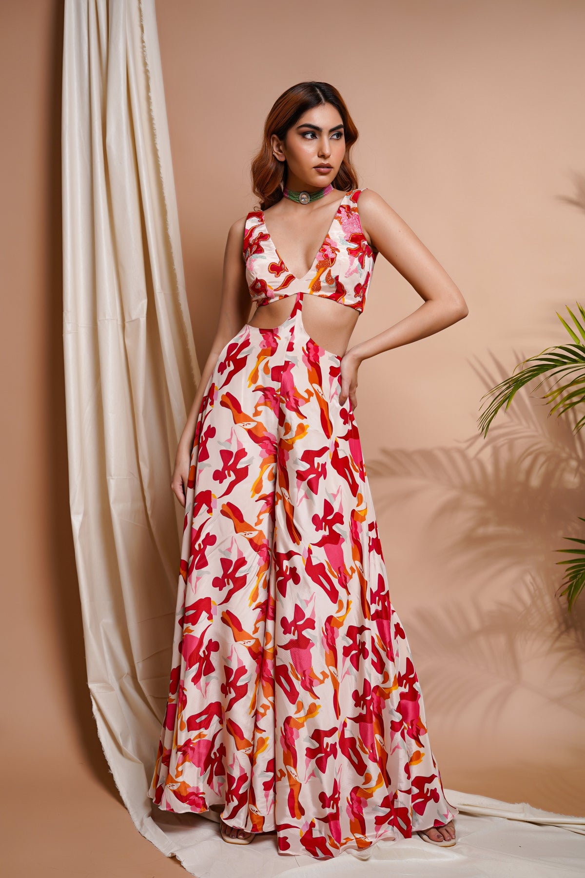 CREAM ABSTRACT PRINTED V-NECK JUMPSUIT