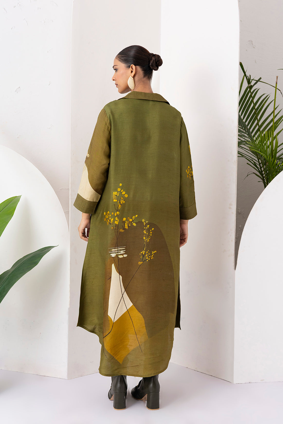 Moss Green Shaded Viscose Dupion Printed Dress (1 PC)