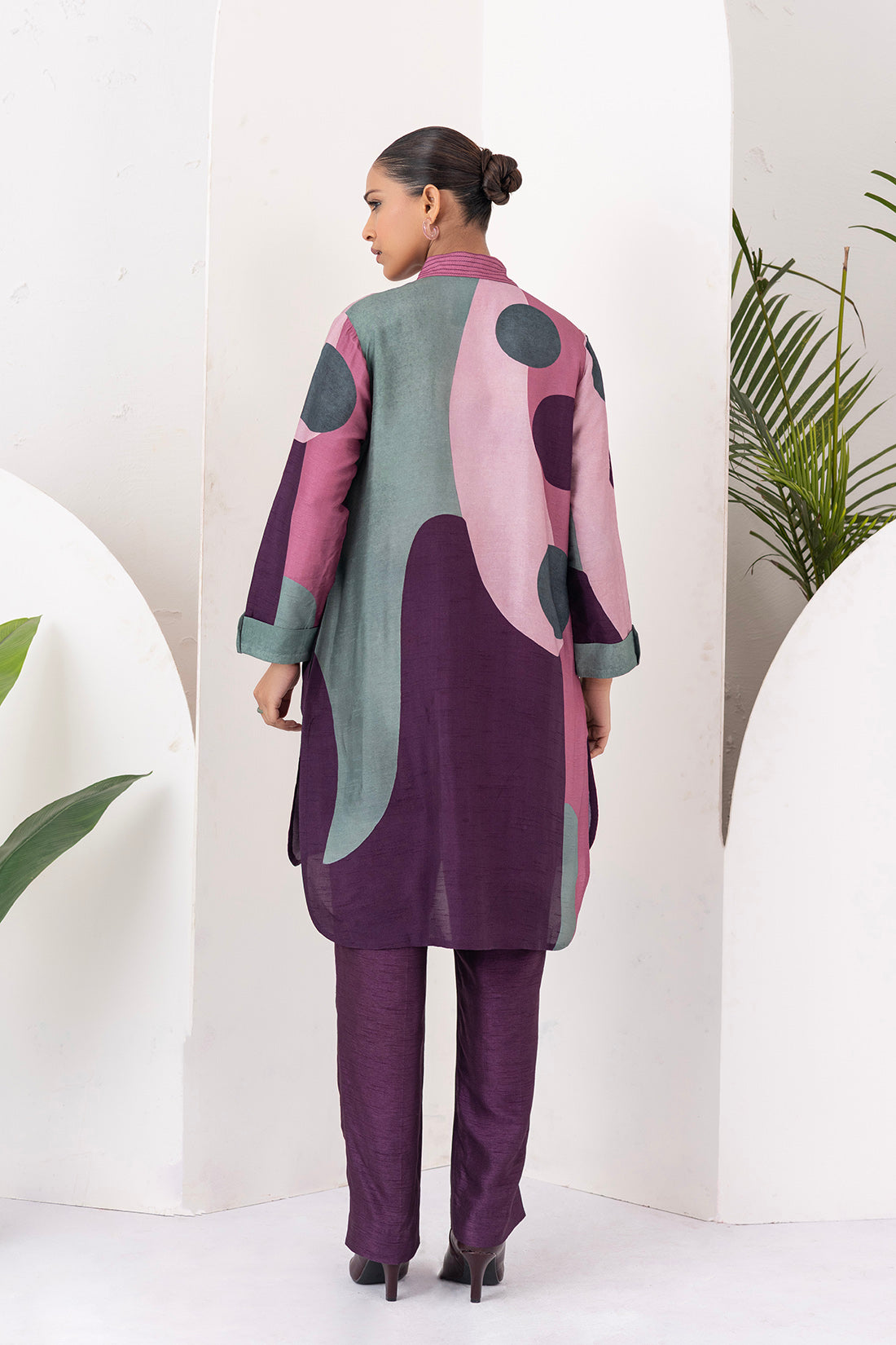 Salmon Pink & Wine Viscose Dupion Printed Shirt Style Tunic (1 PC)