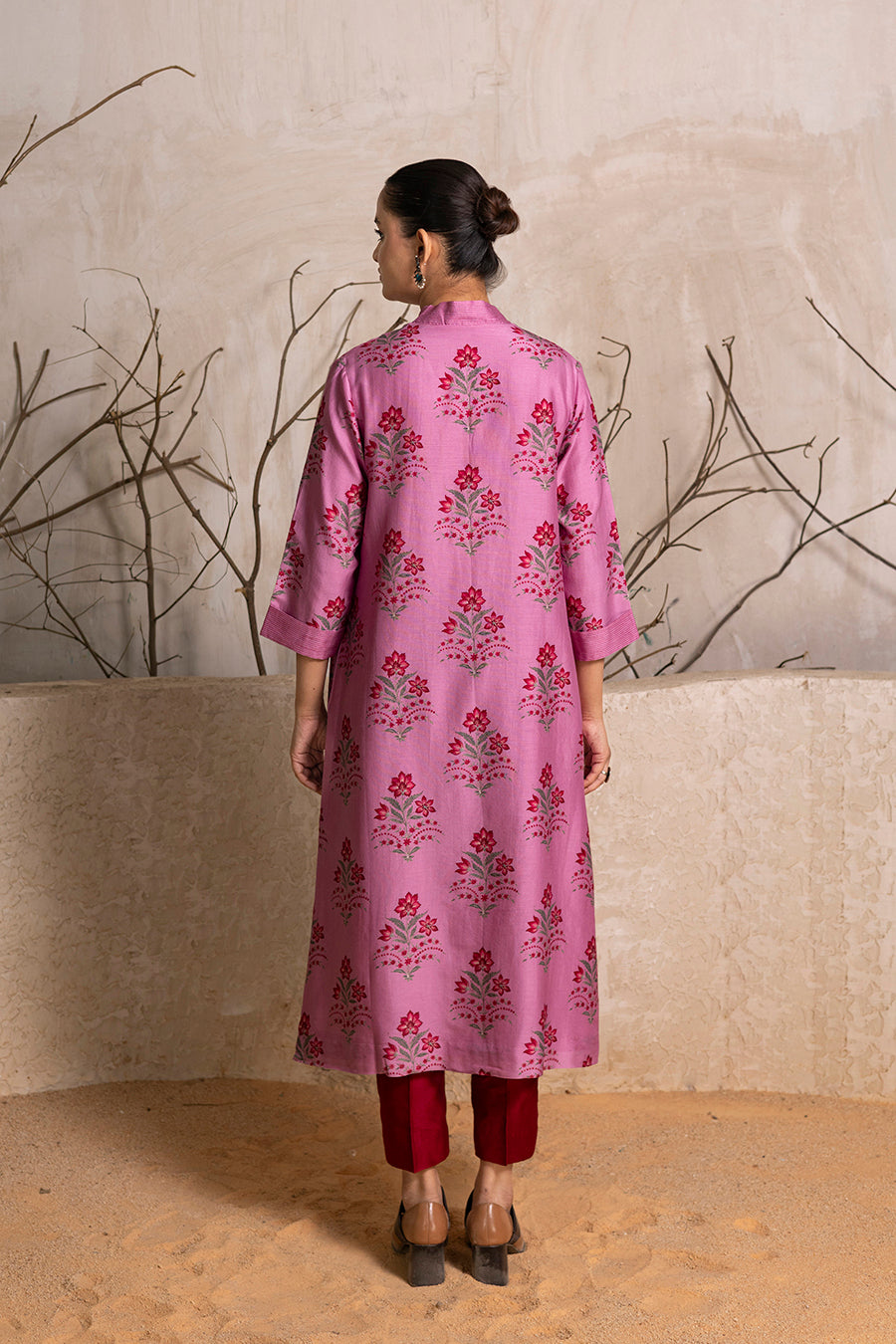 Salmon Pink Silk Chanderi Floral Boota Printed Tunic (1 PC)
