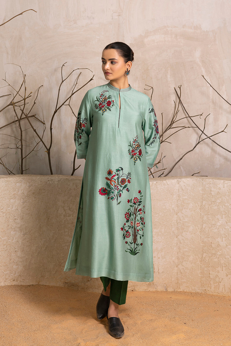 Mint Silk Chanderi Floral Boota Printed Tunic (1 PC)